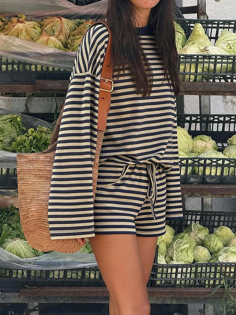 Vintage Striped Casual Women's Set, Loose Round Neck Long Sleeve Top with Drawstring Shorts, Comfortable Home Wear, Spring & Fall