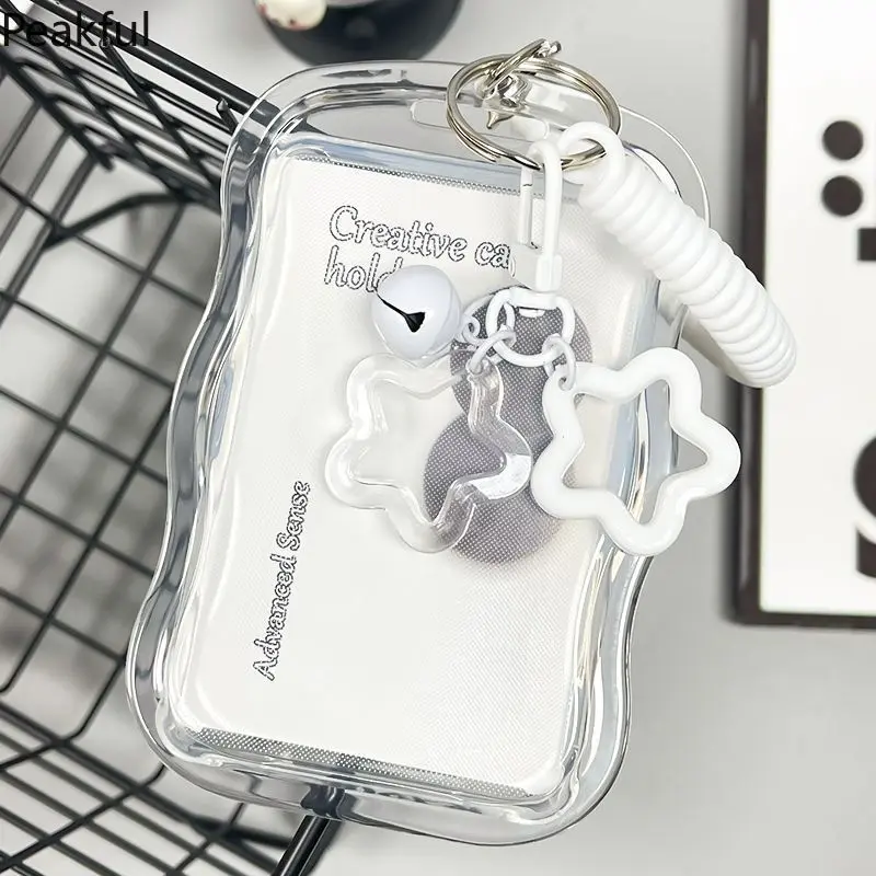 Clear Acrylic Photo Card Holder Keychain Cute Jingle Bell Star Charm Retractable Plastic Spring Clip Work ID Badge Sleeve For School