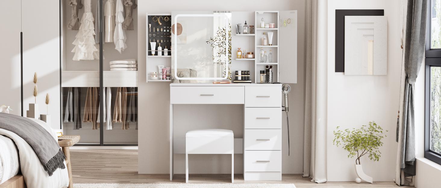 Vabches White Vanity Desk with Mirror and Lights,Makeup Vanity Table Set with Power Strip and Sliding Locker,Visual Drawer Makeup Desk with 5 Drawers&Shelves&Cabinet,3 Lighting Modes