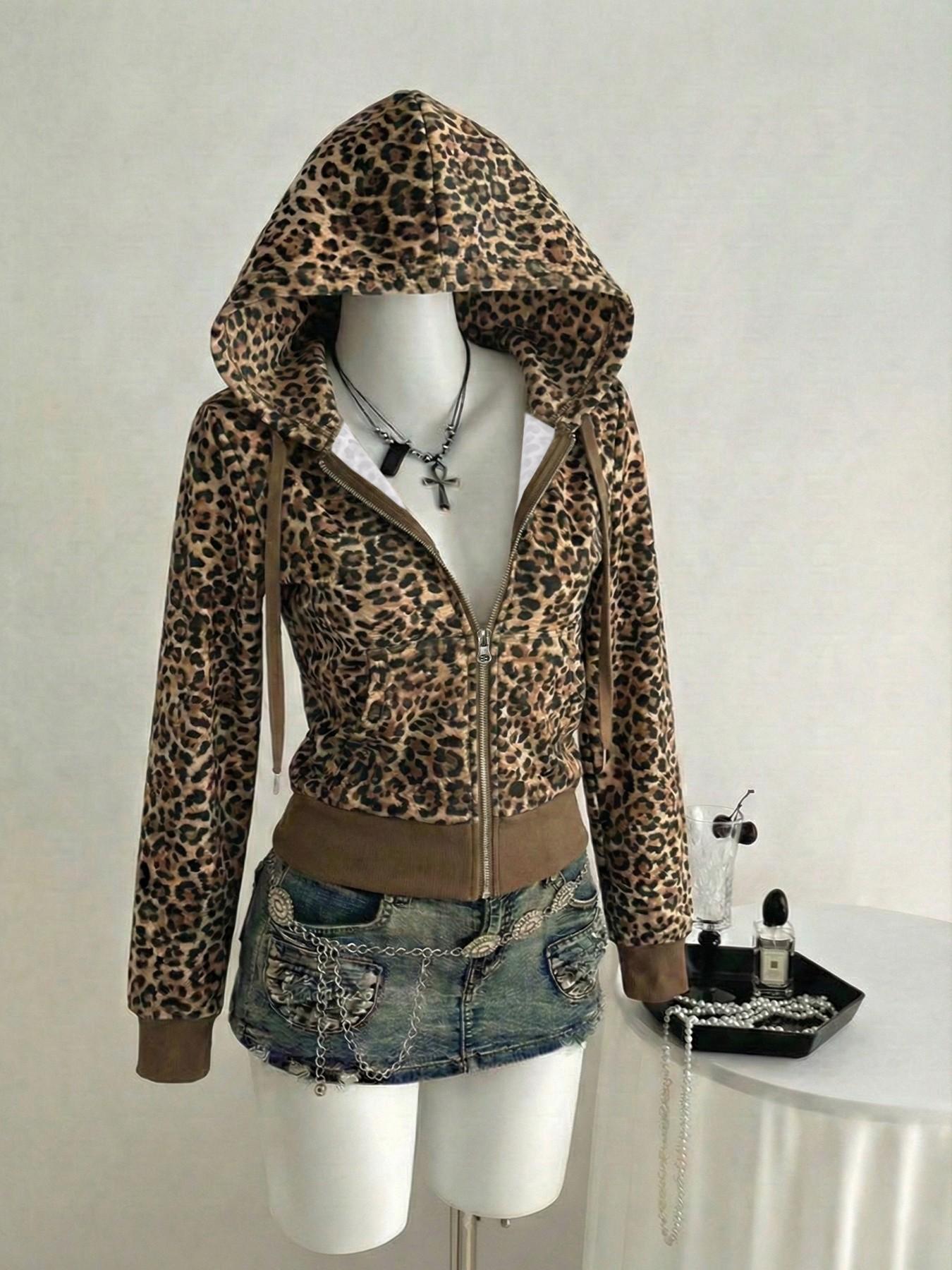 Women's Leopard Print Zip Hoodie, Y2K Vintage Style, Slim Fit Long