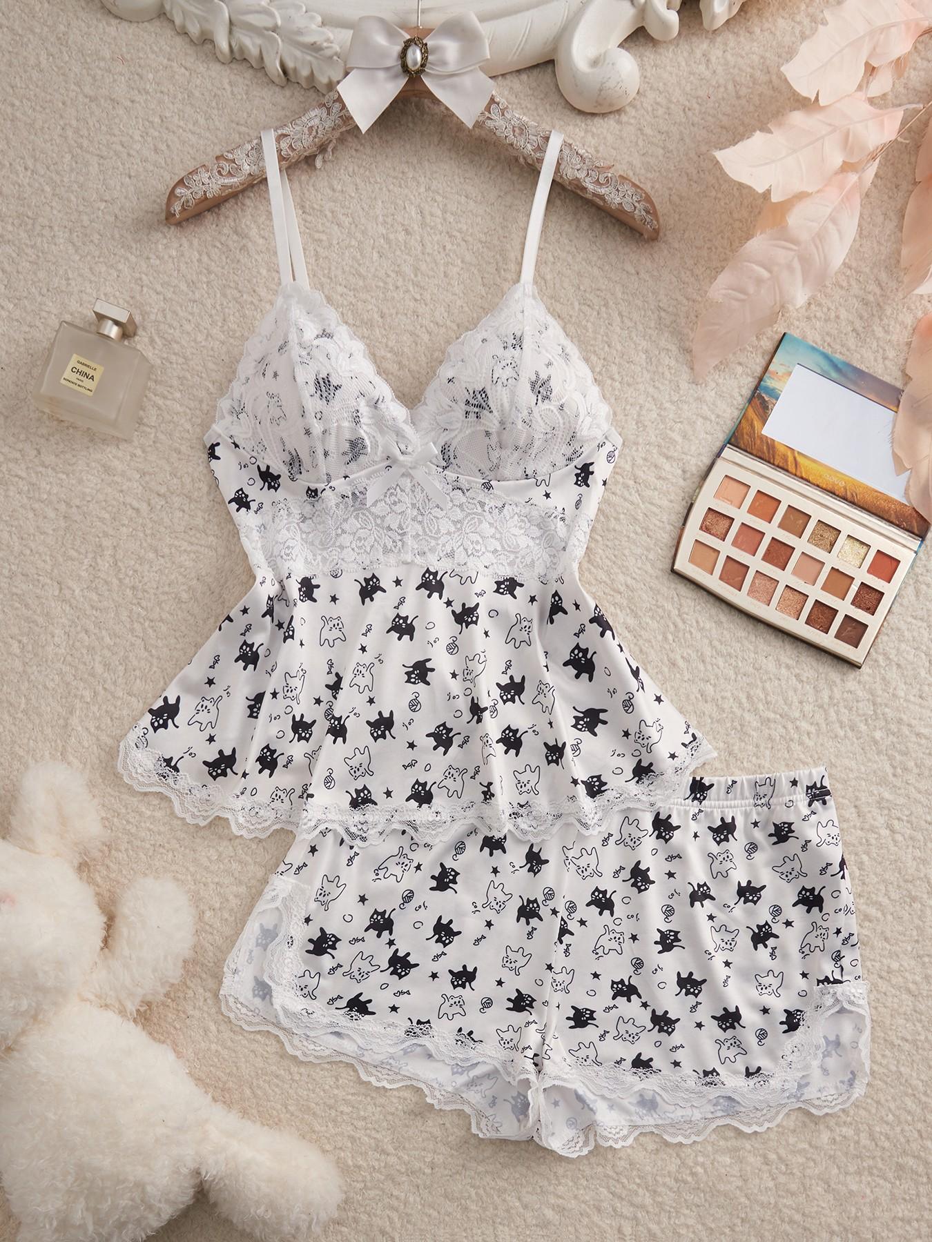 Women's Plain Lace Patchwork Bow Decor Aesthetic Cami Top & Shorts PJ Set, Adjustable Spaghetti Strap Camisole & Elastic Waist Shorts, Ladies Sleepwear for All Seasons Women's Plain Lace Patchwork Bow Decor Aesthetic Cami Top & Shorts PJ Set, Adjustable Spaghetti Strap Camisole & Elastic Waist Shorts, Ladies Sleepwear for All Seasons
