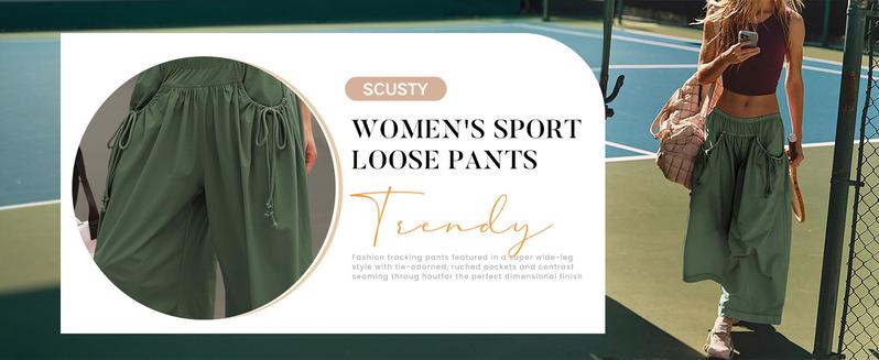SCUSTY Women's Loose Wide Leg Track Pants Drawstring Pockets Elastic Waist Capri Hiking Pants Womenswear