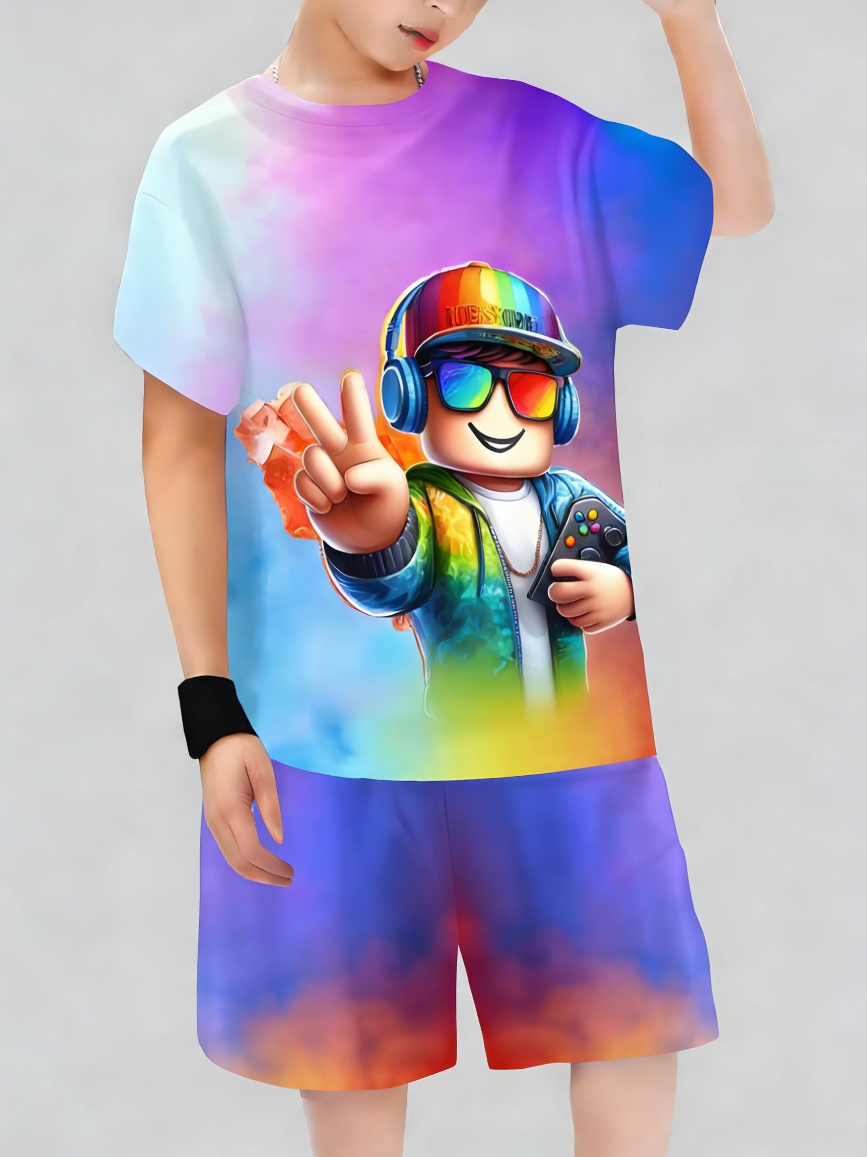 Roblox Rainbow Anime Set, Gradient Color Role-Playing Short Sleeve Shorts, Casual Two-Piece Party Outfit for Girls