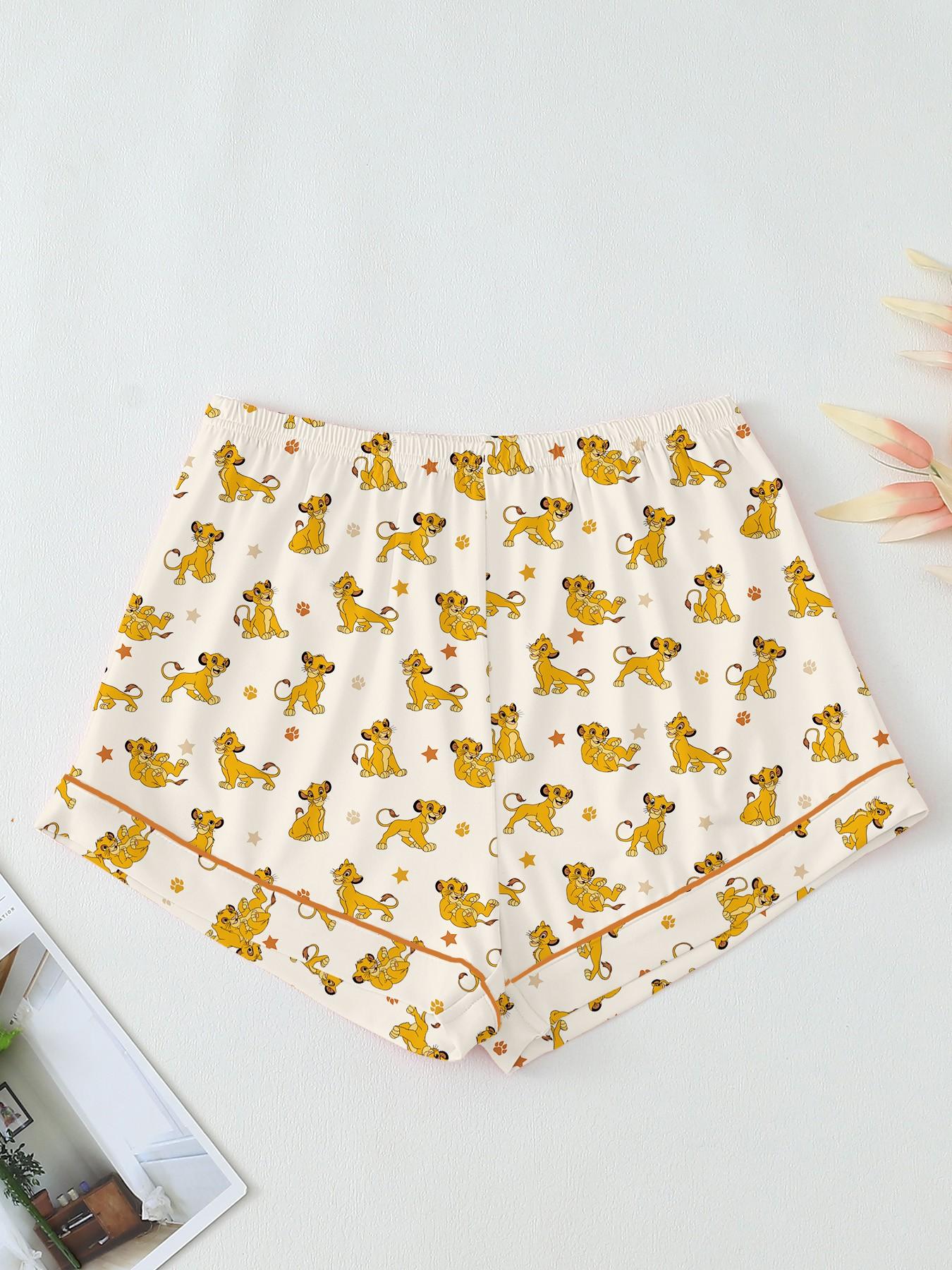 Adorable Lion Print Women's Pajama Set, Comfortable Two-Piece, Short Sleeve Button-Up Top & Elastic Shorts, Casual Home Wear, Loungewear, Party Gift