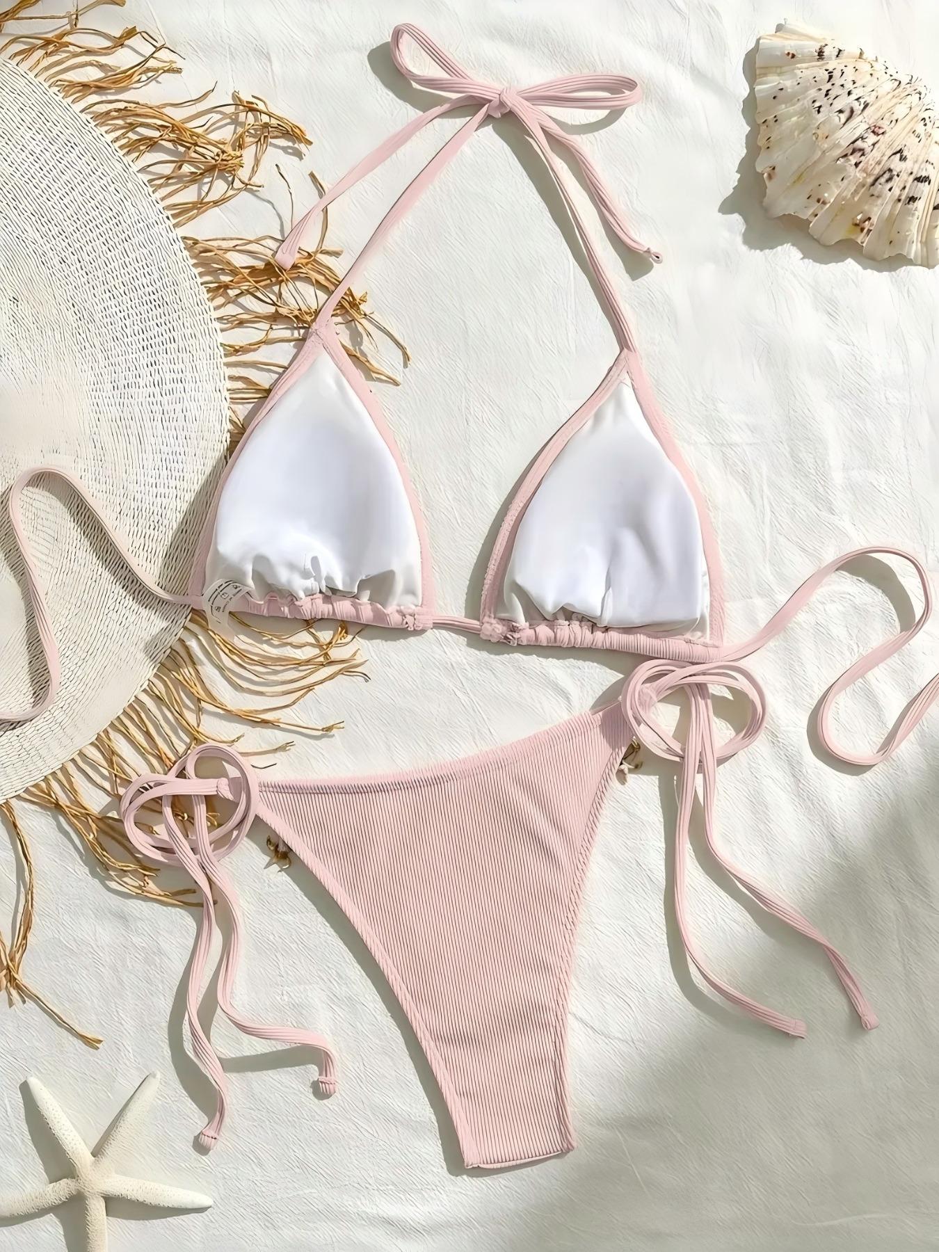 Women's Shell Beach Bikini Set, High Stretch Fabric, Includes Triangle Top and Side Tie Swim Pants, Ruched Bikini Set, Ruched Bikini Bottoms