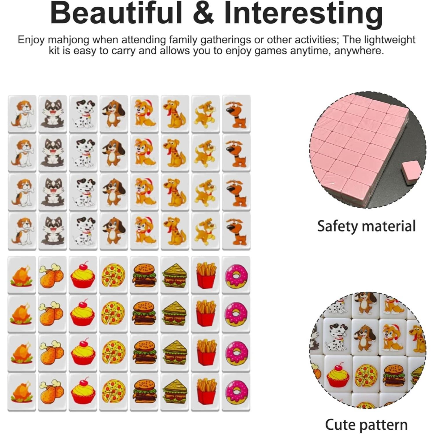Push Tile Game Set 64 Pieces, Cute Dog and Food Pattern Mahjong Tiles, Durable Material, Perfect Gift for Family Gatherings