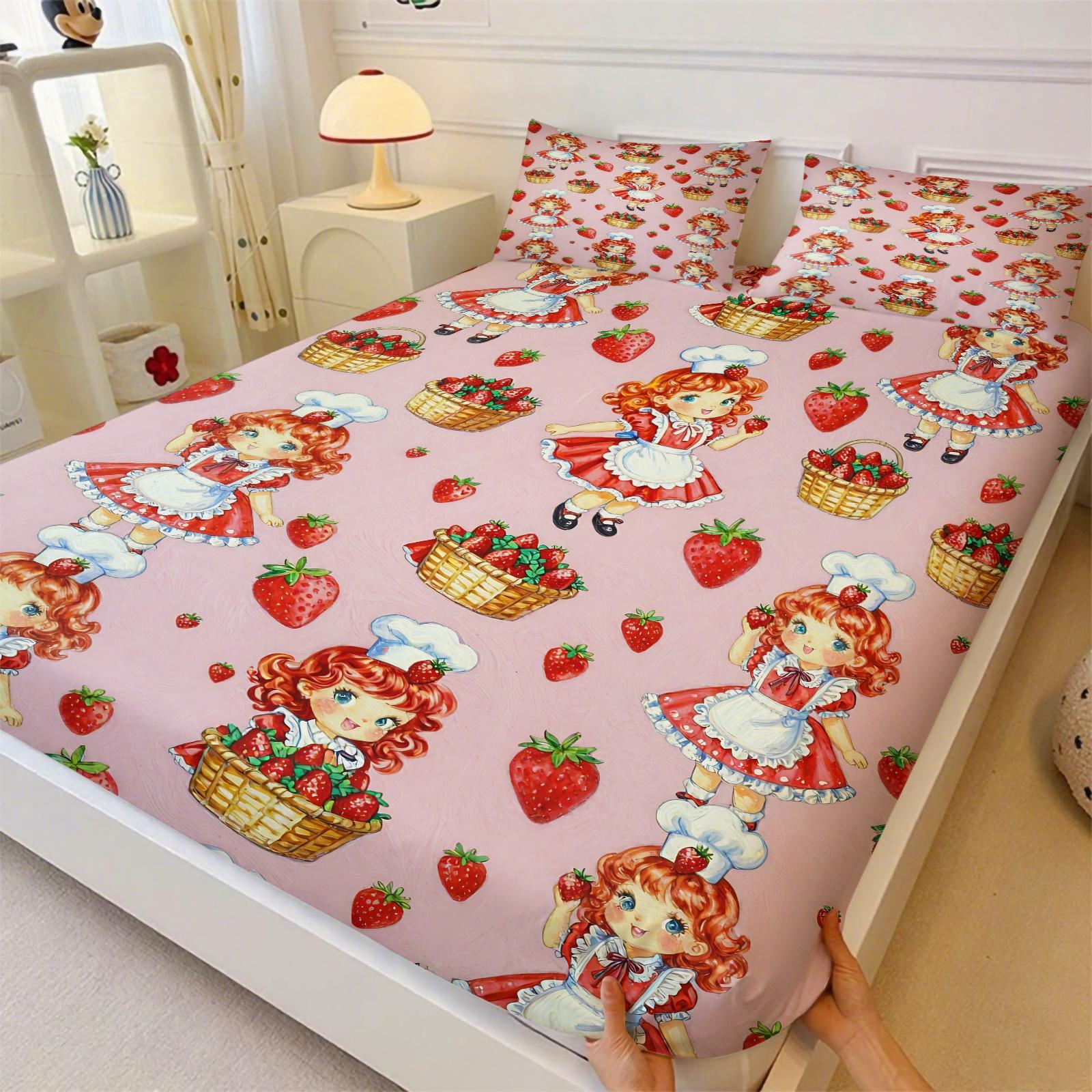 Strawberry Sweetheart Fitted Sheet Set and 2 Pillowcases No Core, Pink-White Checkered, Vintage Hand-Drawn Dessert Party Design, Soft Anti-Slip Bedding, Fairy Tale Girls Room, Kids Room Decor, Gift Choice