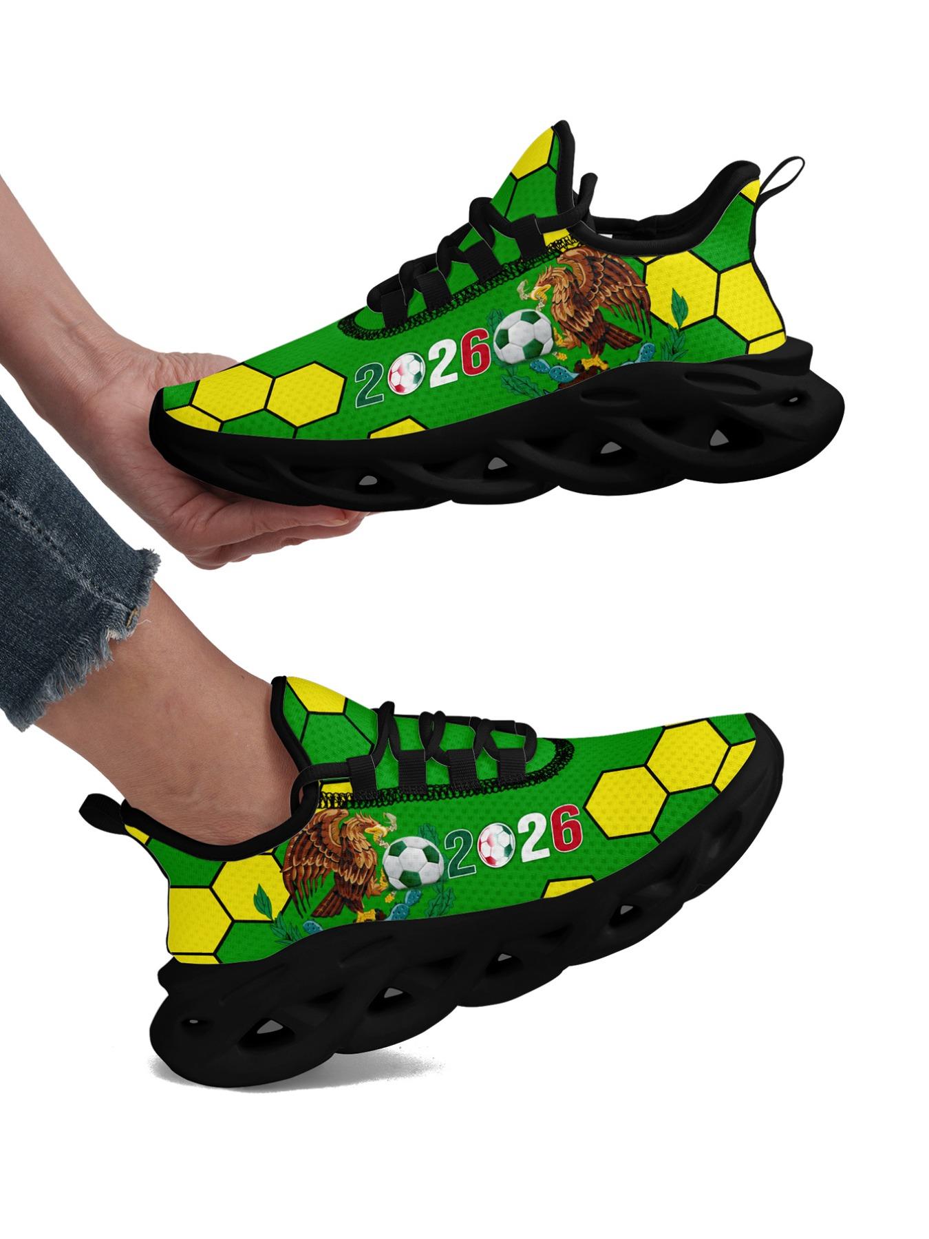 Men's Mexico 2026 Green Yellow Soccer Eagle Print Sport Shoes, Wide Fit, Plus Size, Trendy Casual Sneakers for Daily Walking, Gym & Outdoor