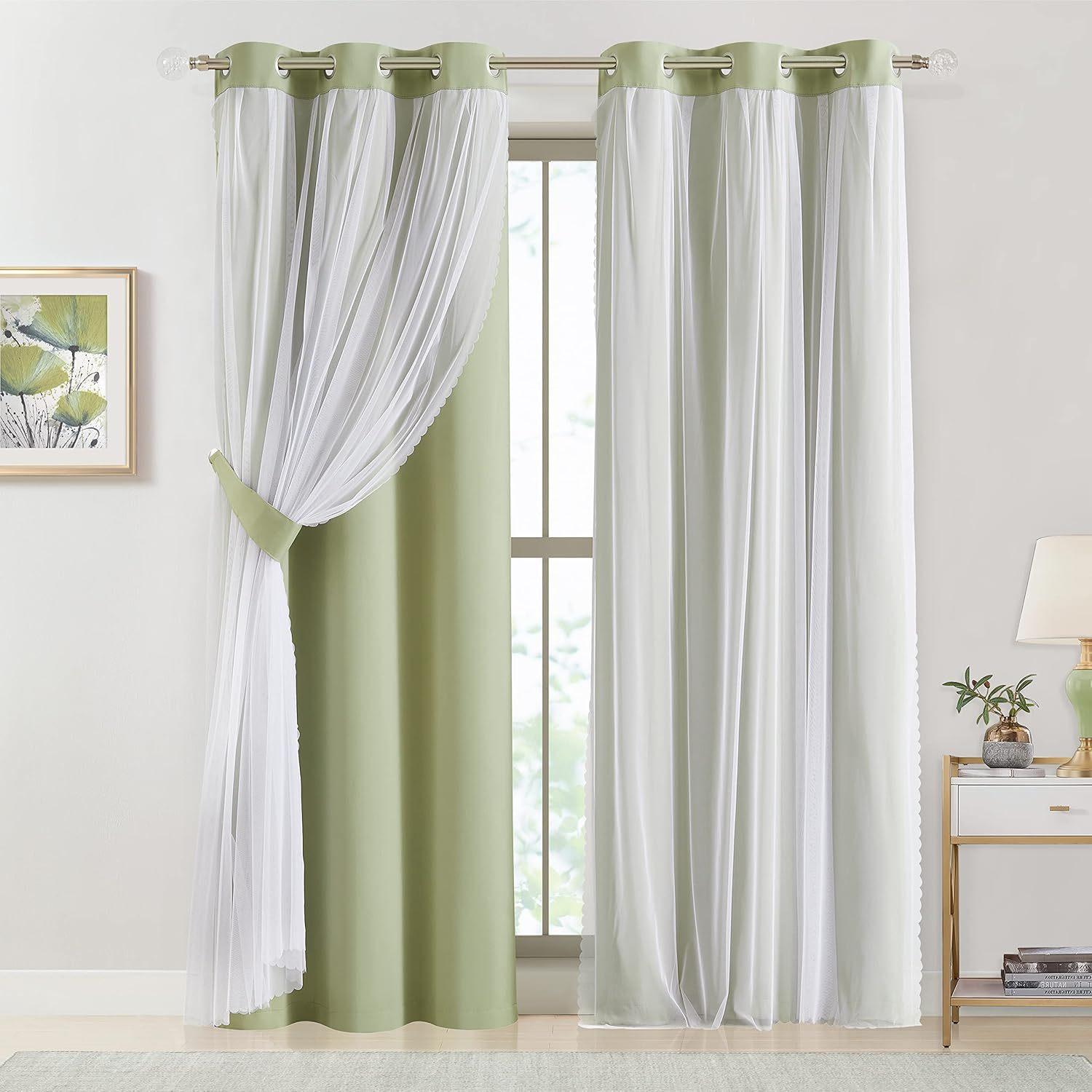 French Romantic Aesthetic Two-Layer Cloth Light-Blocking Finished Product Curtain, Fashionable Hole Drapery for Living Room, Stylish and Trendy Window Covering