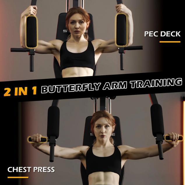 Home Gym Station, 150LB Weight Stack Multifunctional Home Gym Equipment for Full Body Strength Training Workout, LAT Pulldown Pulley System, Chest/Leg Exercise and Preacher Curl Fitness