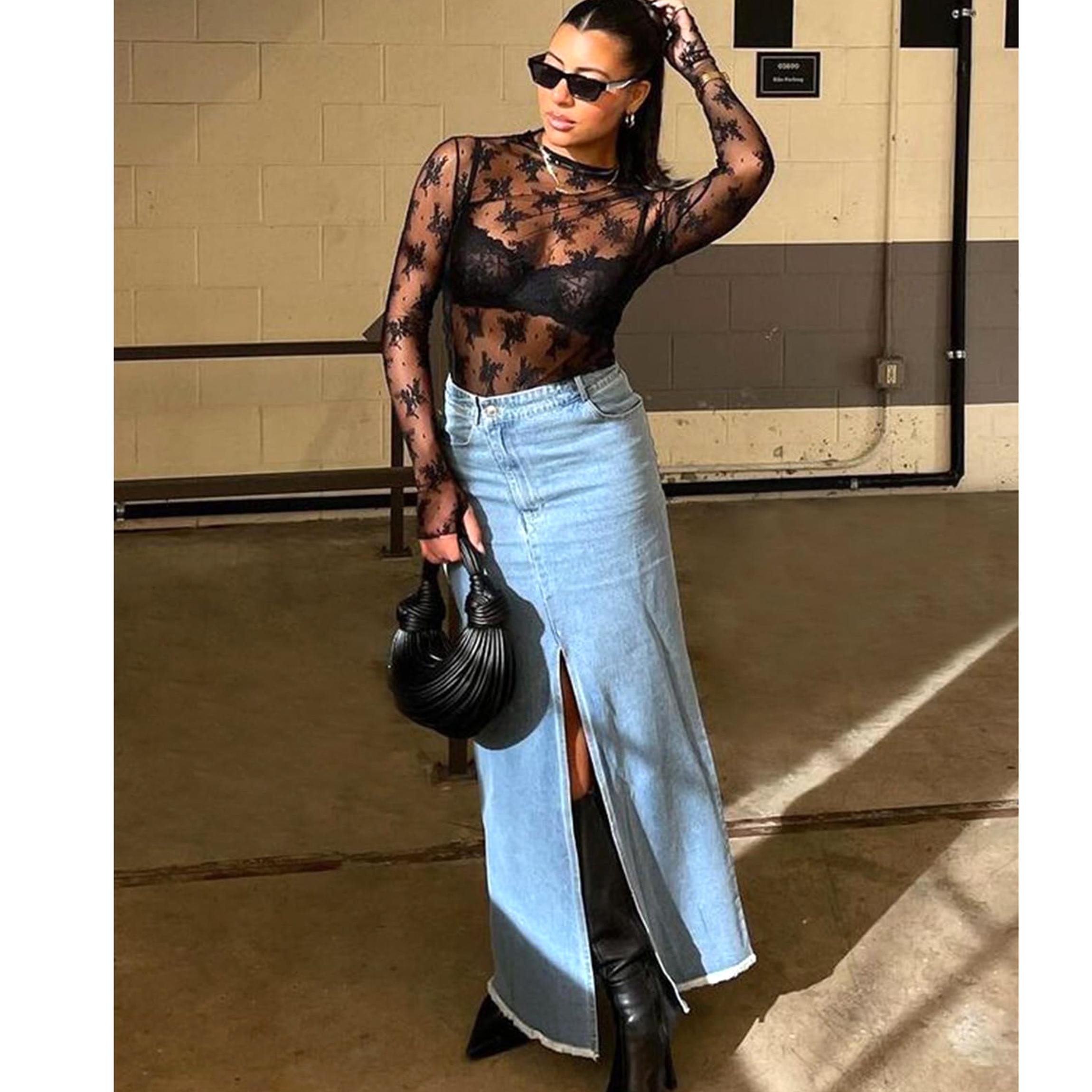 Buenoble Womens Mesh Long Sleeve Tops Crew Neck Sexy See Through Lace Sheer Floral Blouse for Party Club Night Out SpringStatements