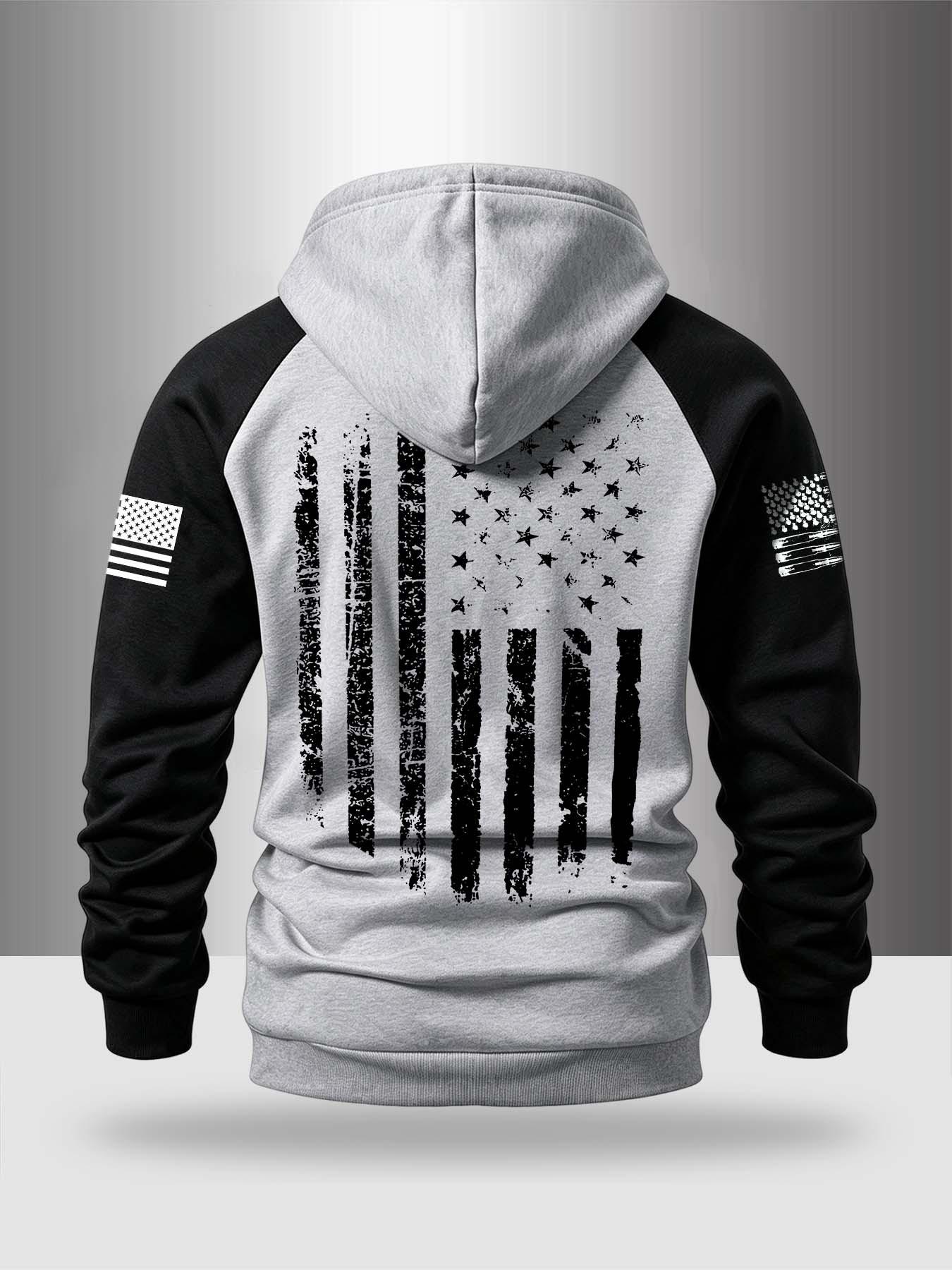 Autumn Winter Design Zipper Thickened Long Sleeve Hoodie, Pocket Portable Fashion Patchwork Colorblock Vintage Eagle Flag Pattern Comfortable Casual Streetwear Sweatshirt