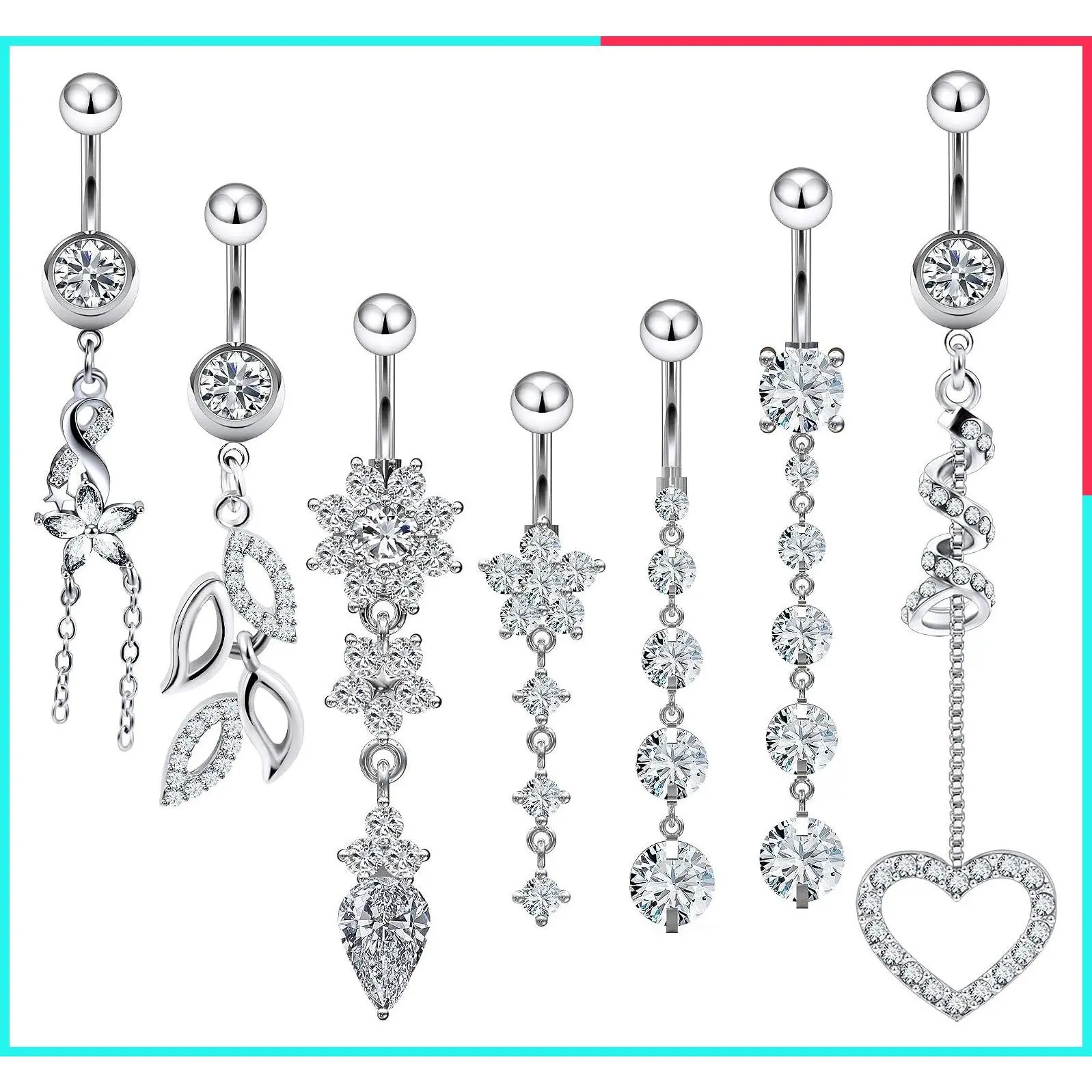 14G Dangle Belly Button Ring Piercing Jewelry 316L Surgical Stainless Steel Cubic Zirconia Heart Flower CZ Navel Ring for Women Hypoallergenic