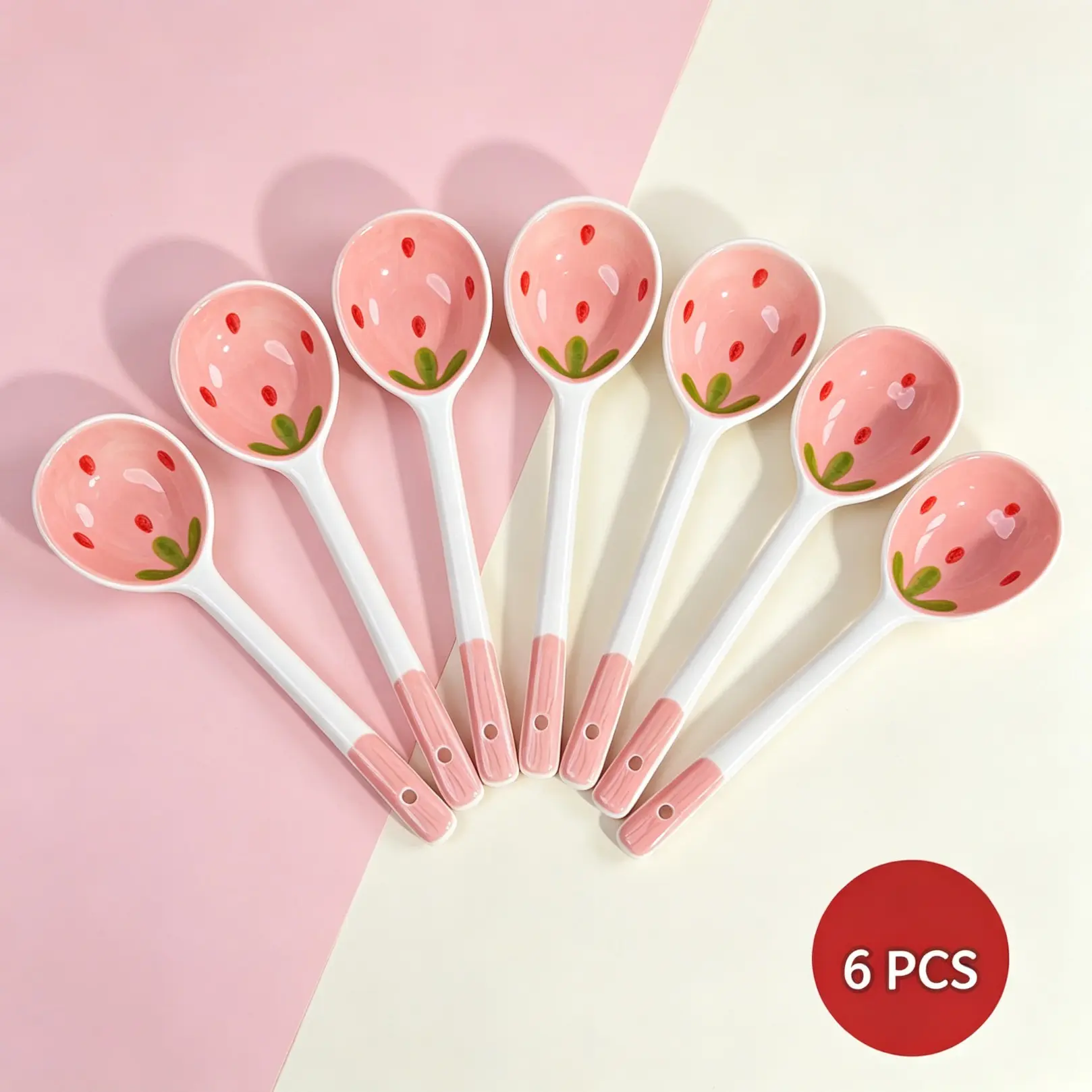 Cartoon Strawberry Porcelain Spoon Set, Cute Household Tableware, Smooth Durable Ceramic For Soup, Coffee, Tea, Yogurt, Ice Cream & Dessert, Lovely Kitchen Utensils For Daily Home Dining