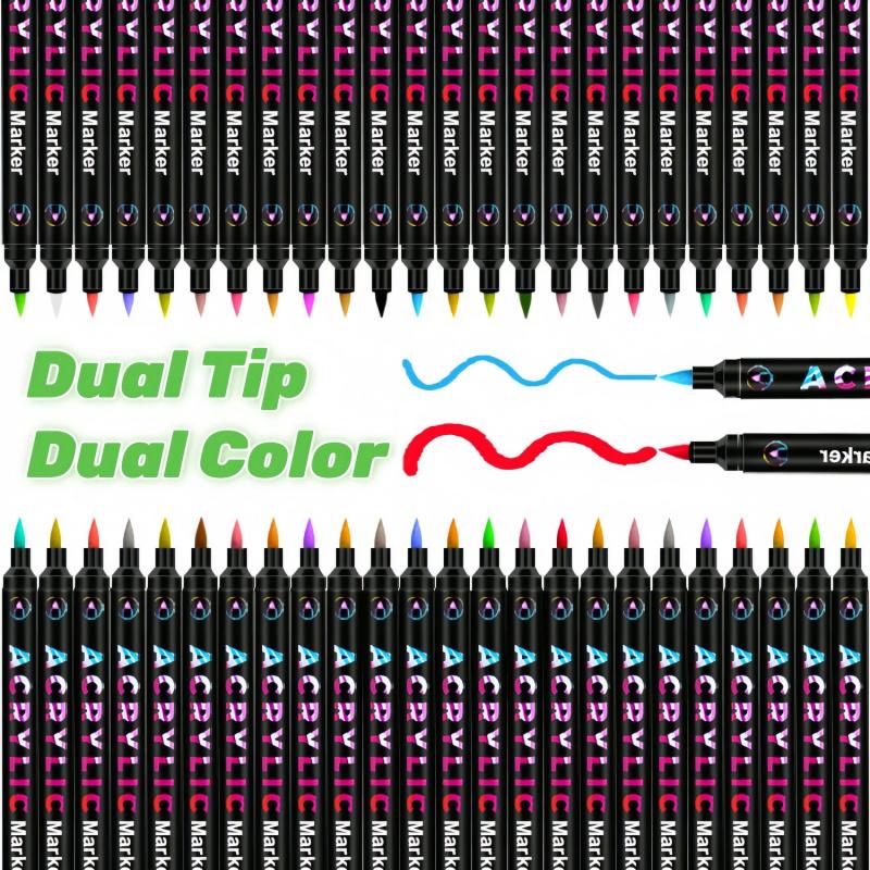 Acrylic Paint Markers Pens Set, Dual Tip Dual-Color Brush Tips Acrylic Paint Pens, Creative Coloring Markers, Acrylic Drawing Markers for Rocks, Wood, Canvas, Stone, Fabric, Plastic DIY Art Supplies Back to school