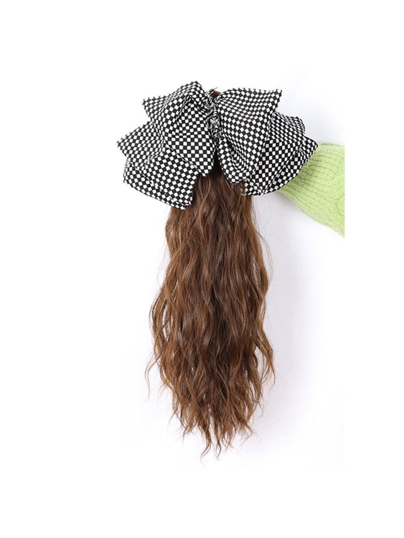 Long Wavy Claw Clip On Black White Bow Hair Extensions Pony Tail Hairpiece Lady Wigs for Women Wig Ponytail Bow Hair Accessories Girls Grab Clip Water Ripple Ponytail Braid High Value Wig Human Hair(Dark Brown,Black Bow)