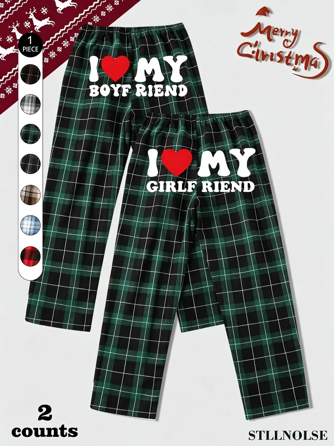 Christmas Couple Lounge Pants, Pajama, Classic Plaid, Fun Heart Letter Print, Elastic Waist, Comfortable Fit, Perfect for Home & Holidays