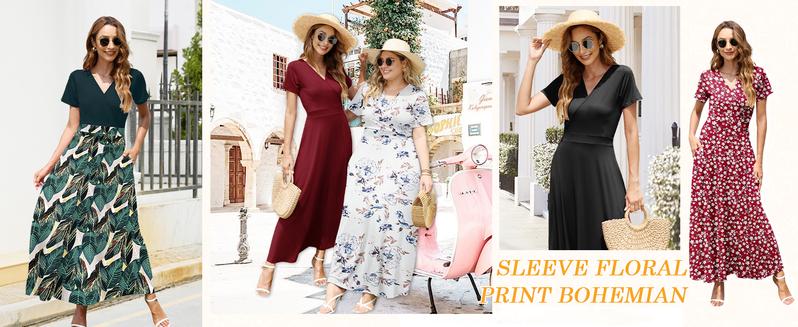 AUSELILY Maxi Dresses for Women V neck Ankle Length Floral Print Beach Long Flowy Dress with Pockets