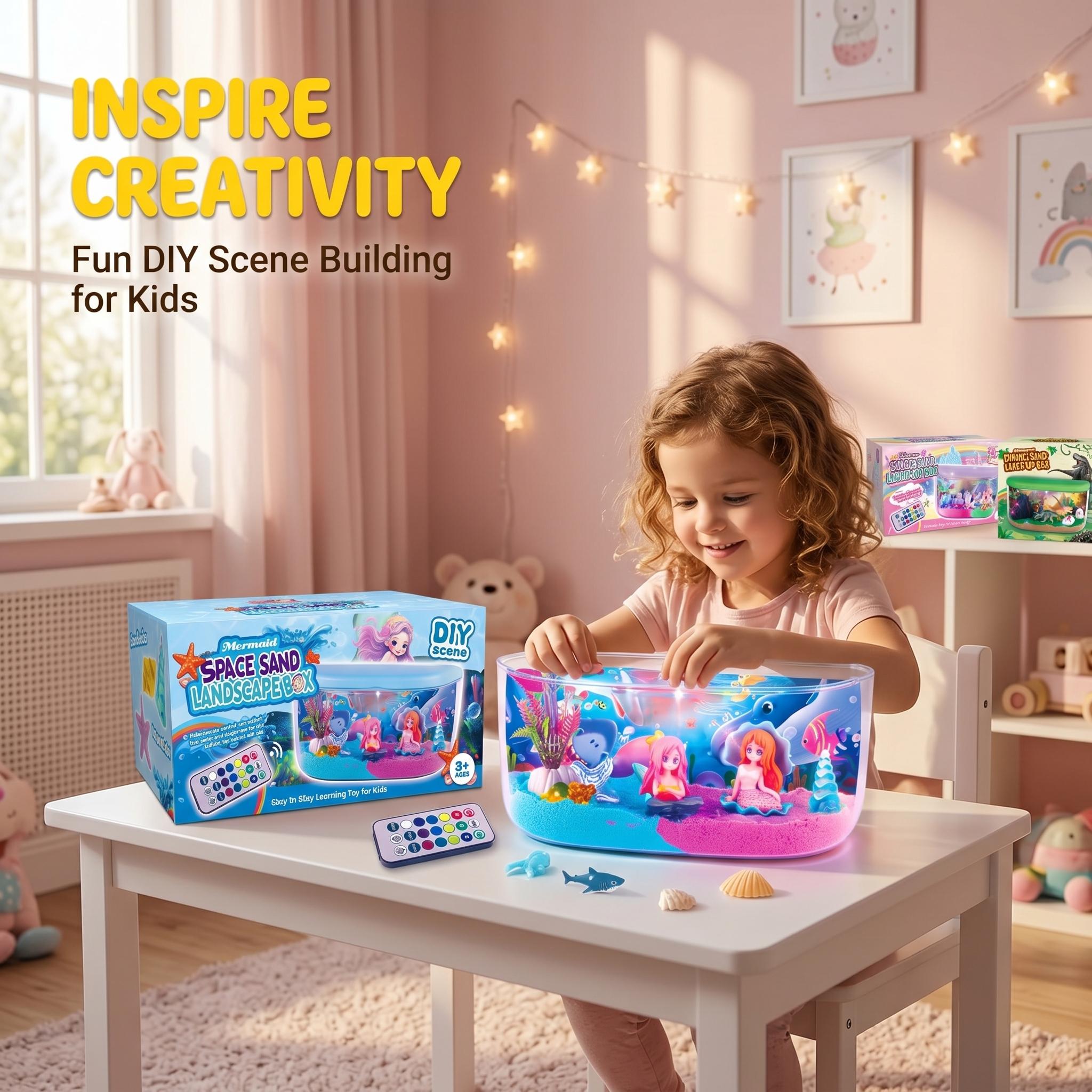 Landscaping DIY Sand Light-Up Scene Kit,Remote LED Night Light,No-Mess Safe Sand,Educational Creative Craft,Mermaid Unicorn Dinosaur Scene,Birthday Christmas Toy Gift For Girls Boys,Sand Tray