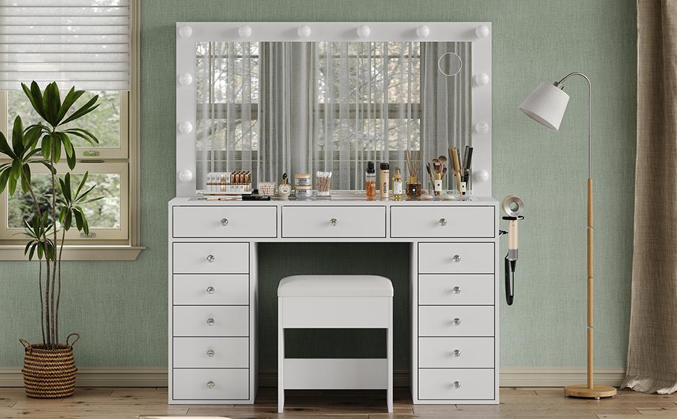 FUSOU 47''W 13 Drawers Vanity Desk, Makeup Vanity with Power Outlet, Vanity Table with Mirror and 12 LED Bulbs, 3 Color Lighting Modes, Glass Top, Dressing Table for Bedroom