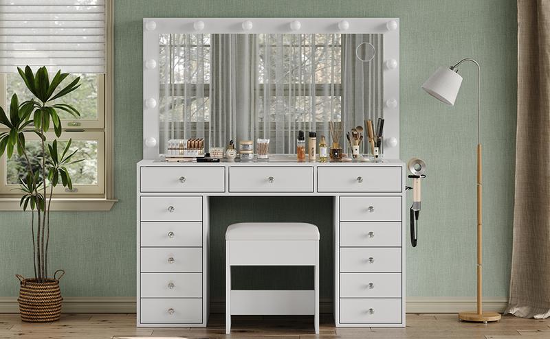FUSOU 47''W 13 Drawers Vanity Desk, Makeup Vanity with Power Outlet, Vanity Table with Mirror and 12 LED Bulbs, 3 Color Lighting Modes, Glass Top, Dressing Table for Bedroom