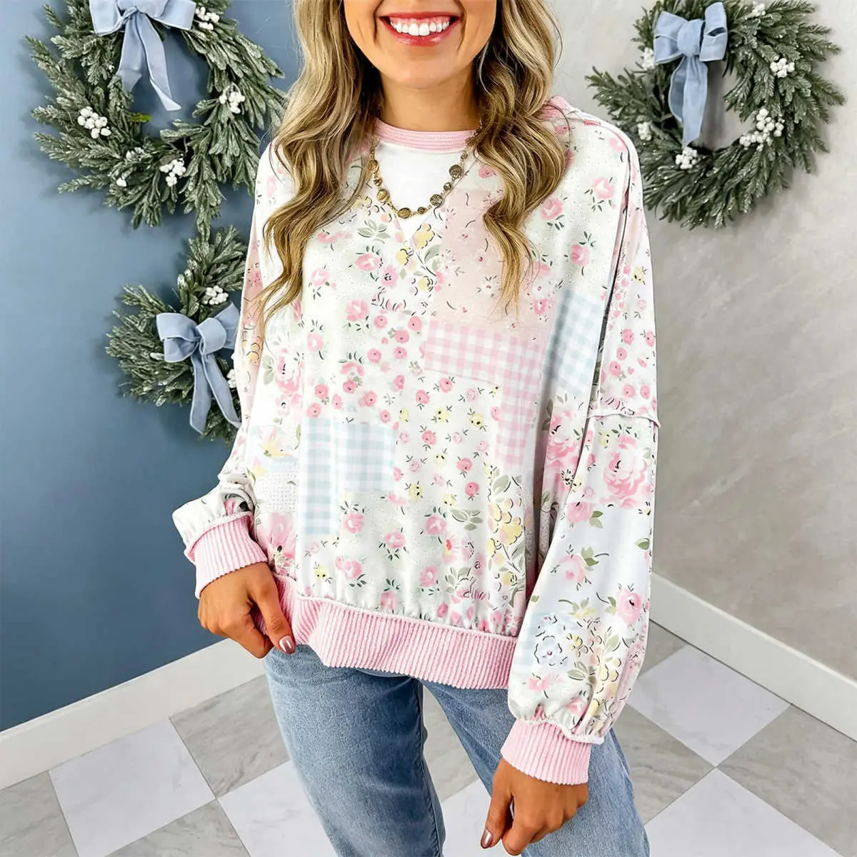 Women's Floral Patchwork Print Crew Neck Long Sleeve Pullover - Twist Detail, Ribbed Trim, Loose Fit, Medium Length, Polyester Mix, Machine Wash Casual Top, Pullovers, Round Neck,sohochic