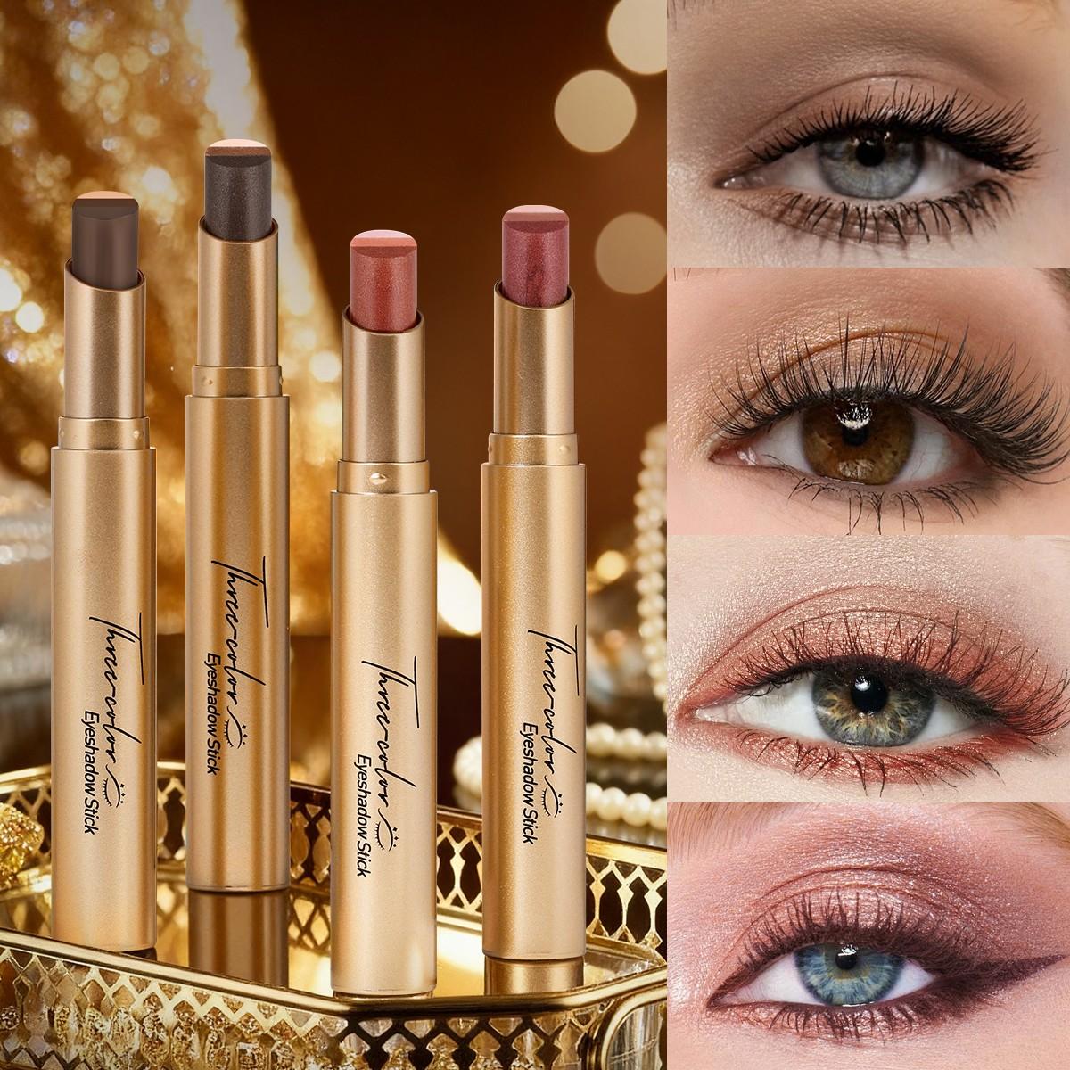 3-in-1 Easy Eyeshadow Stick for Beginners,SmudgeProof in Seconds, One-Stroke Application,Creamy Shimmer Trio Eyeshadow Stick Waterproof Longwear Liquid Eyeliner Color Changing Lip Oil Trio Waterproof Shiny Diamond Eyeshadow