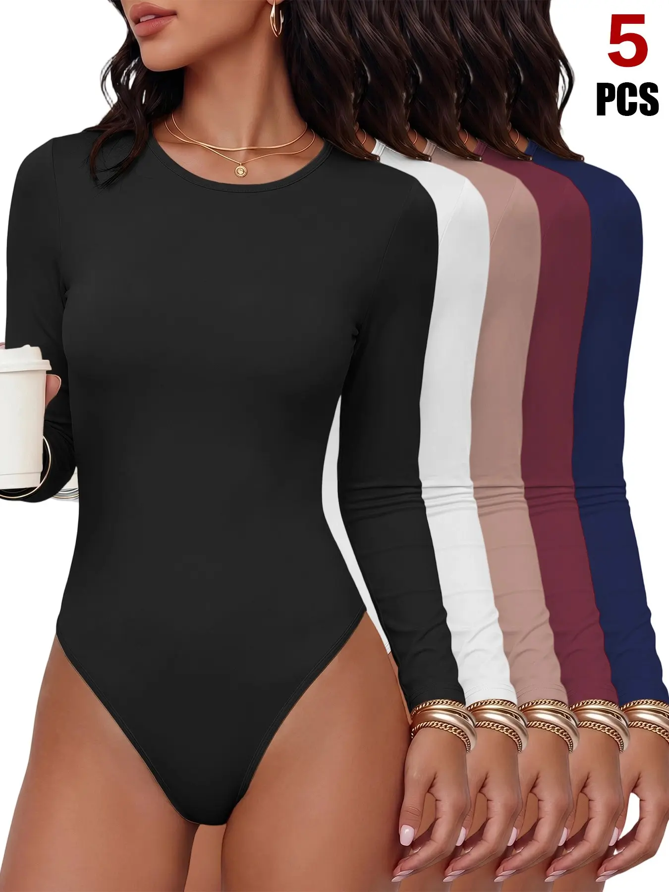 Women's Long Sleeve Bodysuit, Crew Neck Slim Fit Stretchy Bodycon Top, Solid Color Fitted Shirt, Casual Streetwear, Office, Fashion