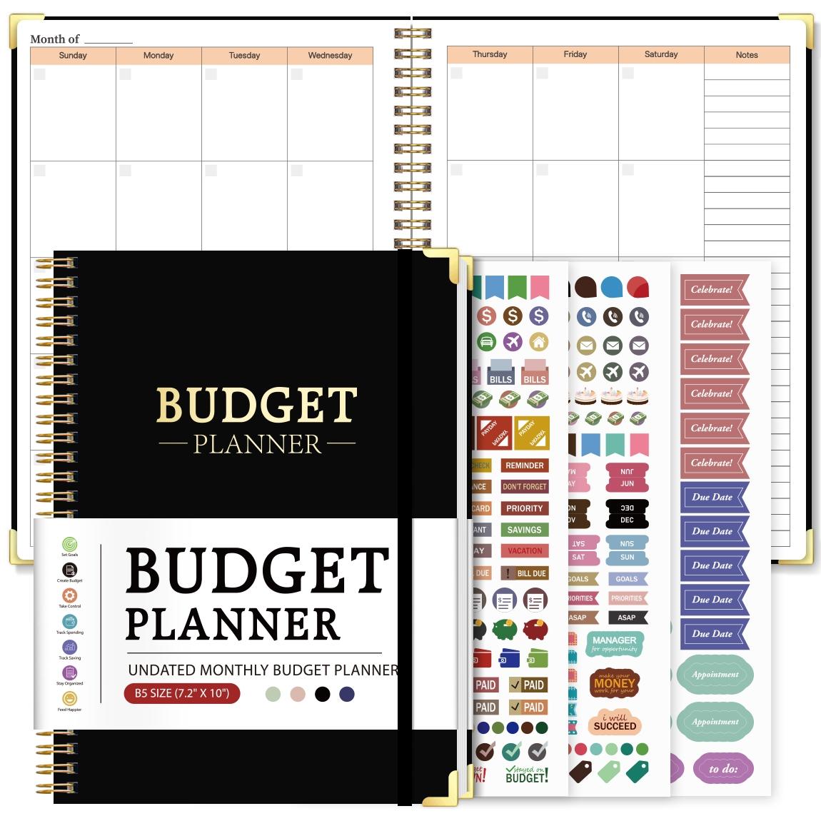 Spiral Bound Budget Planner Notebook, No Date Financial Management Ledger, Monthly Budget Savings Debt Tracker, Includes Expense Stickers