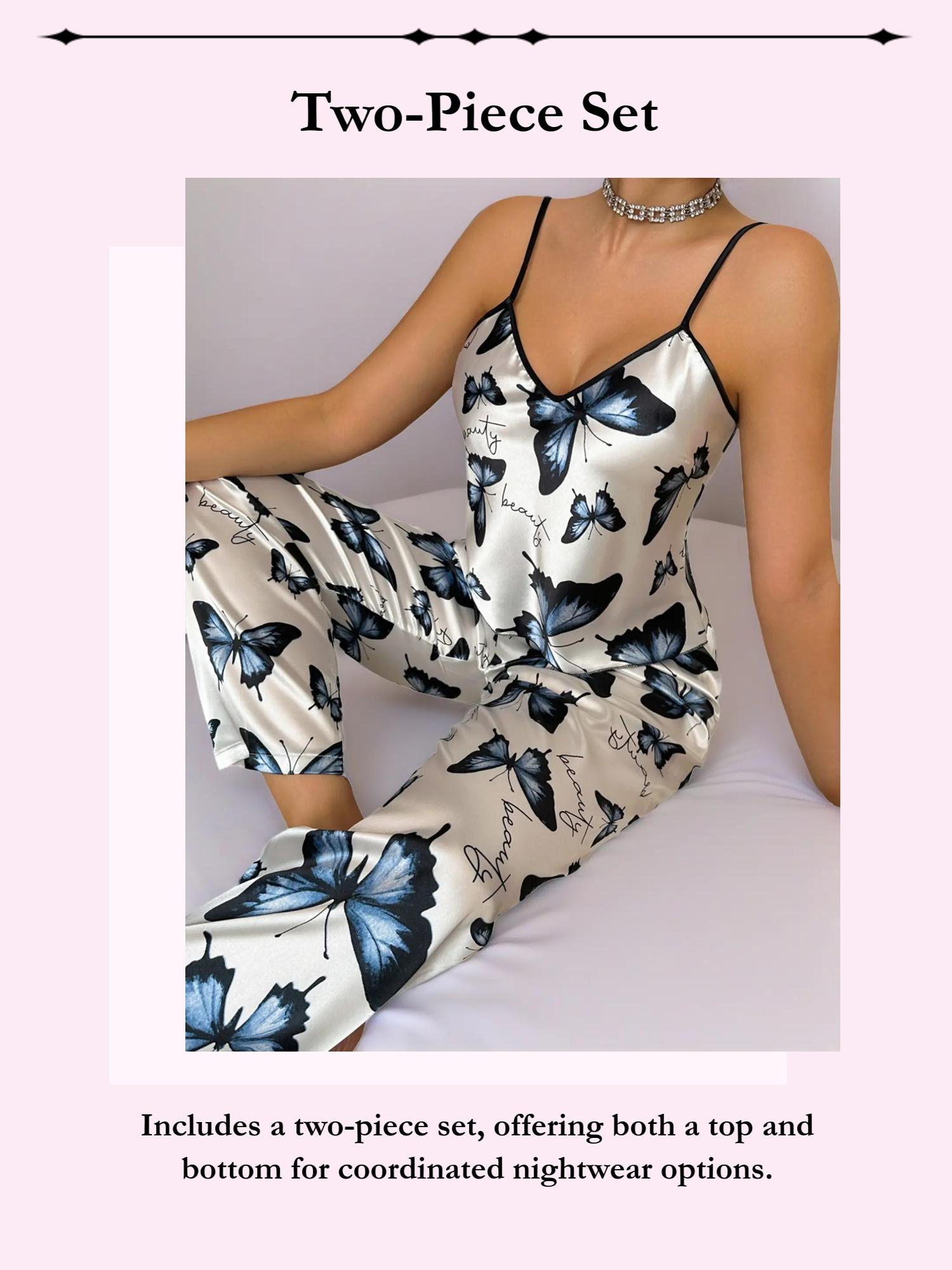 Women's Butterfly Print Strap Sleepwear Set, Comfortable Fashion Design, Perfect for Casual Wear, Ladies' Nightgown & Pajama Suit