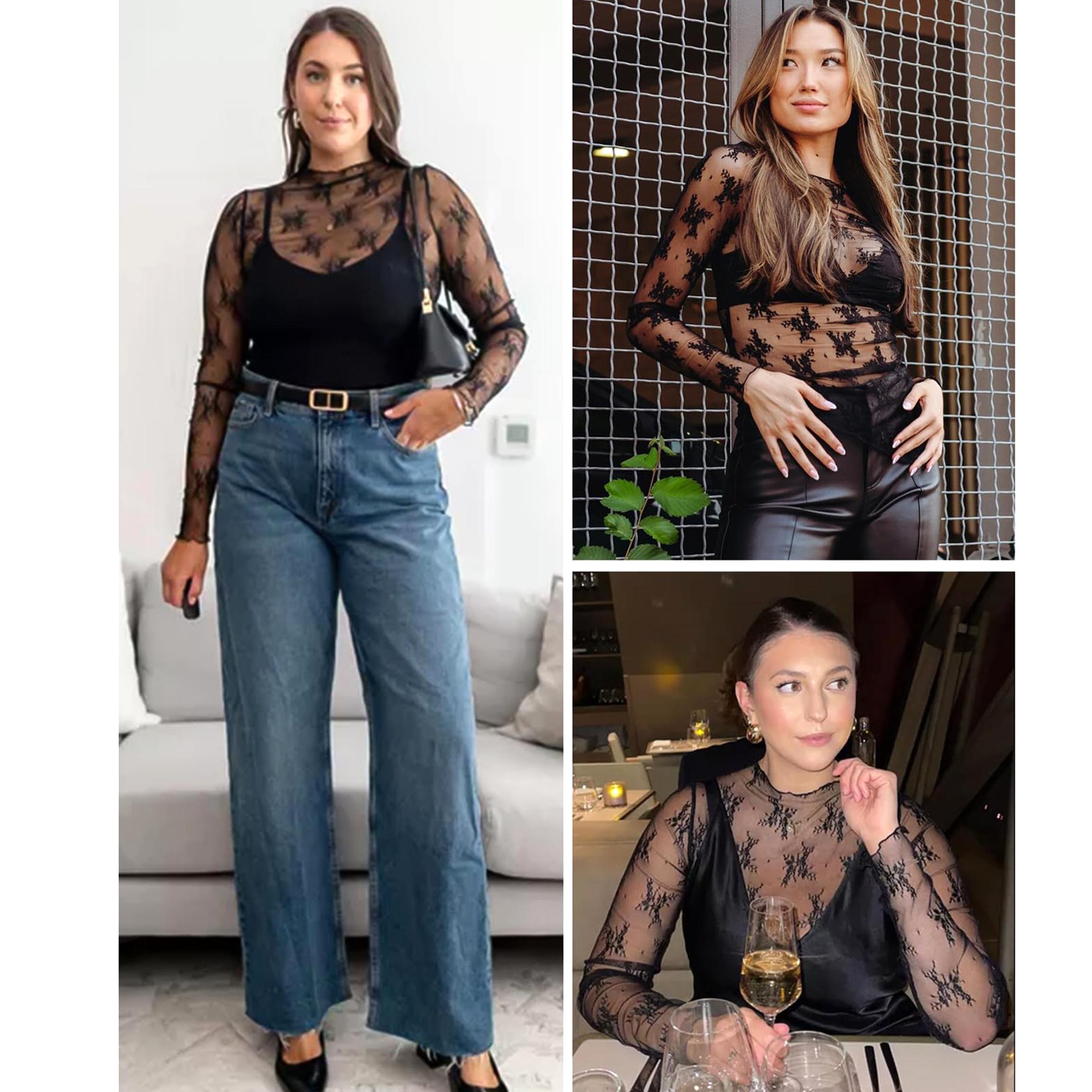 Buenoble Womens Mesh Long Sleeve Tops Crew Neck Sexy See Through Lace Sheer Floral Blouse for Party Club Night Out SpringStatements