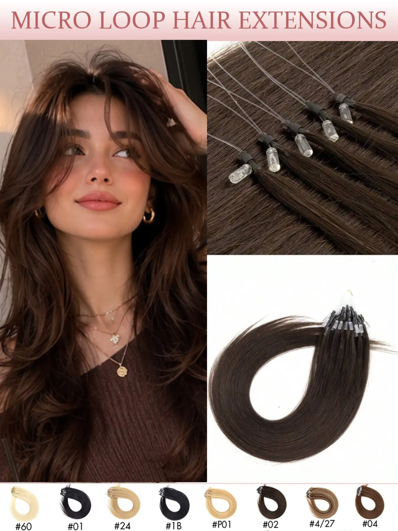 50 Strands Micro Loop Real Human Hair Extensions, Fish Line Micro Ring With Invisible Beads No Glue, Beginner Friendly For Women Bride, Daily Holiday Festival & Halloween Costume