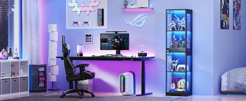 BROTTAR Display Cabinet with Glass Doors, 4-Tier Display Case with 3 Color Lights for Collectibles, Display Shelves with Human Body Sensor, Black