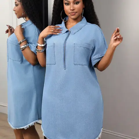 Plus Size Women's Zipper Half Placket Bat Sleeve Casual Denim Dress, Boho Style, Spring & Fall, Solid Pattern, Unlined, Plain Surface