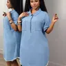 Plus Size Women's Zipper Half Placket Bat Sleeve Casual Denim Dress, Boho Style, Spring & Fall, Solid Pattern, Unlined, Plain Surface