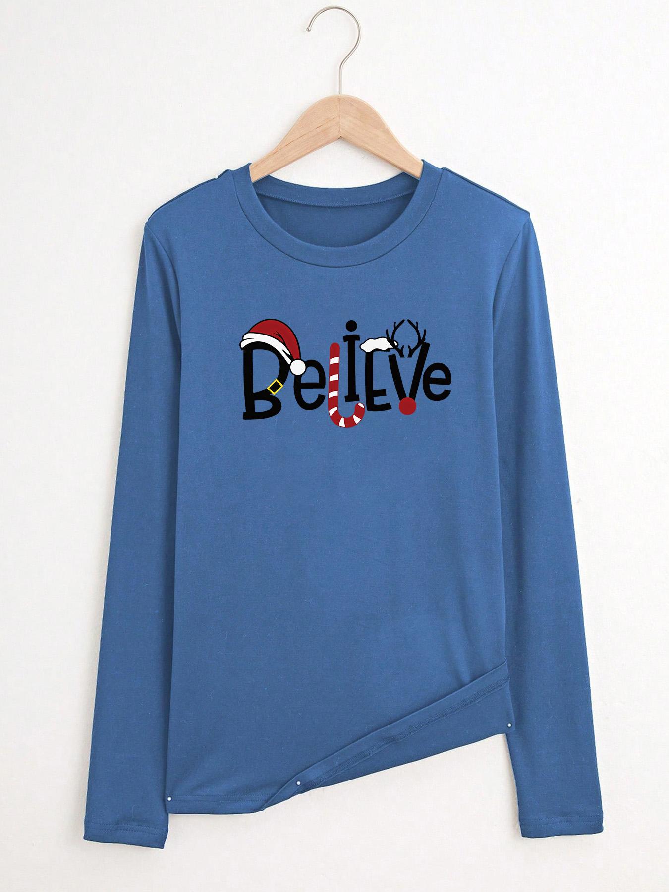Women's Letter & Reindeer Print Round Neck T-shirts, Casual Long Sleeve Crew Neck T-shirts for Fall & Spring, Women's Clothes for Daily Wear