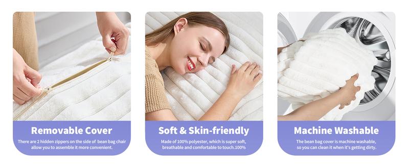 【Hobestluk】3 in 1 Giant Bean Bag Chairs Convertible Bean Bag Floor Cushion with Machine Washable Cover, Beanbag Chairs for Adult - 56"D x 76"W x 7"H