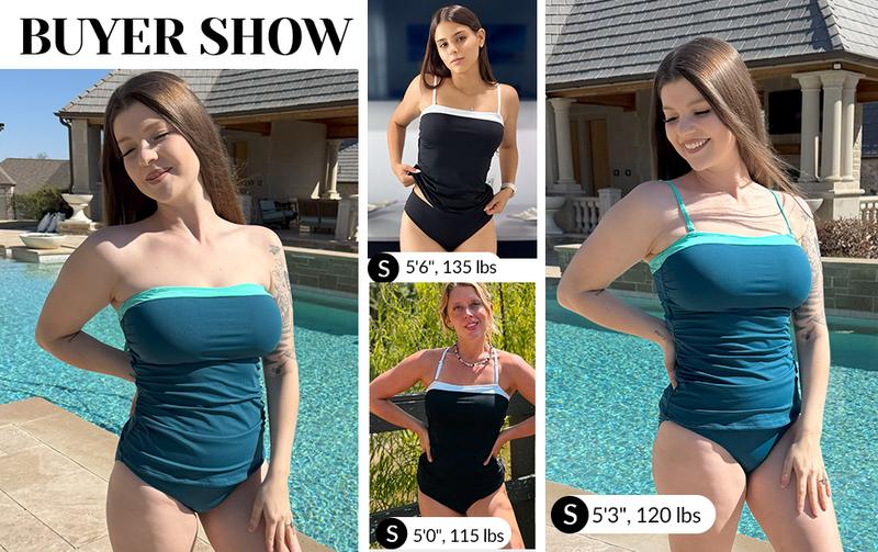 Aqua Eve Bandeau Swimsuits for Women Two Piece Bathing Suits Ruched Tummy Control Tankini Sets Strapless Swimwear