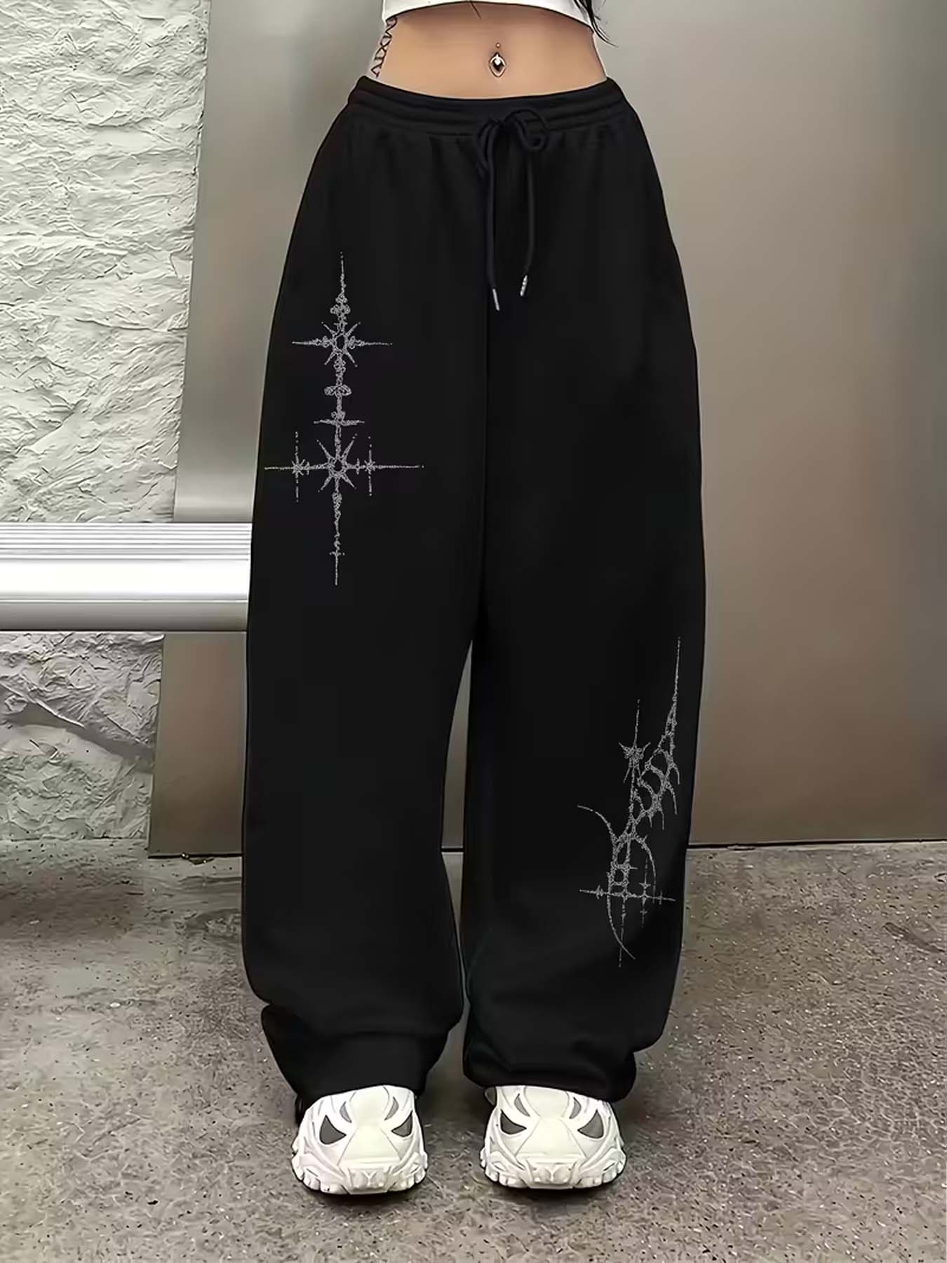 Women's Gothic Print Wide Leg Pants, with Mystery Symbol & Dagger Design, Elastic Drawstring High Waist, All Season Casual Wear