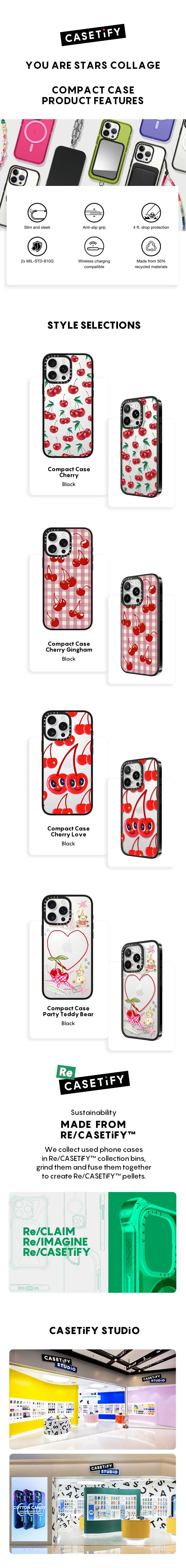 CASETiFY Cherry Love Collection with Compact iPhone Cases for iPhone 16/15/14 Series [Lightweight / Military Grade Drop Protection/Slim] - Black