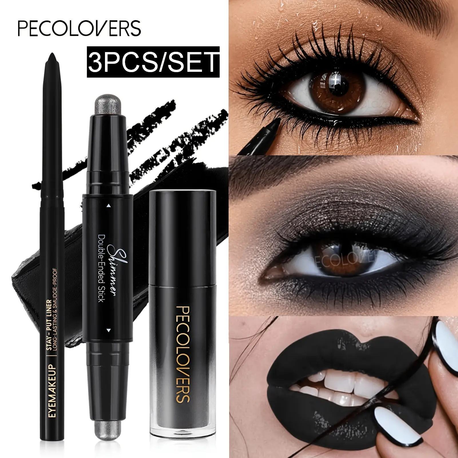 3pcs/SET Black Series, Makeup Set: Lipstick + Eyeliner + Eyeshadow Pen, Matte Waterproof Lipstick, Black Waterproof Eyeliner, Shiny Pearlescent Eyeshadow Pen, Match to Create a Black Punk Makeup, Perfect for Halloween, Eye Lip Kit