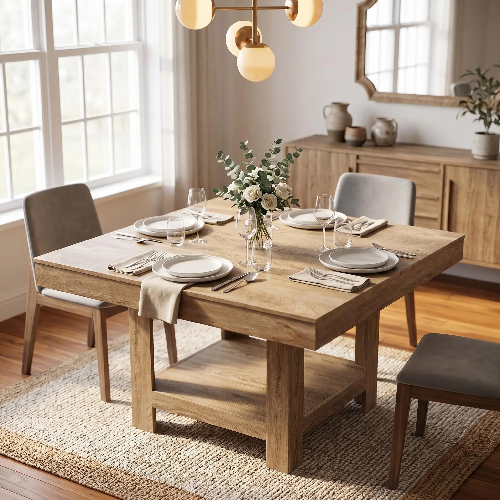 Towallmark & Towallmark 47" Square Farmhouse Dining Table with Sturdy Triangular Legs, Heavy Duty 350Lbs Capacity, 2-Tier Storage Shelf, Waterproof Wooden Finish, Compact Design for 4-6 People
