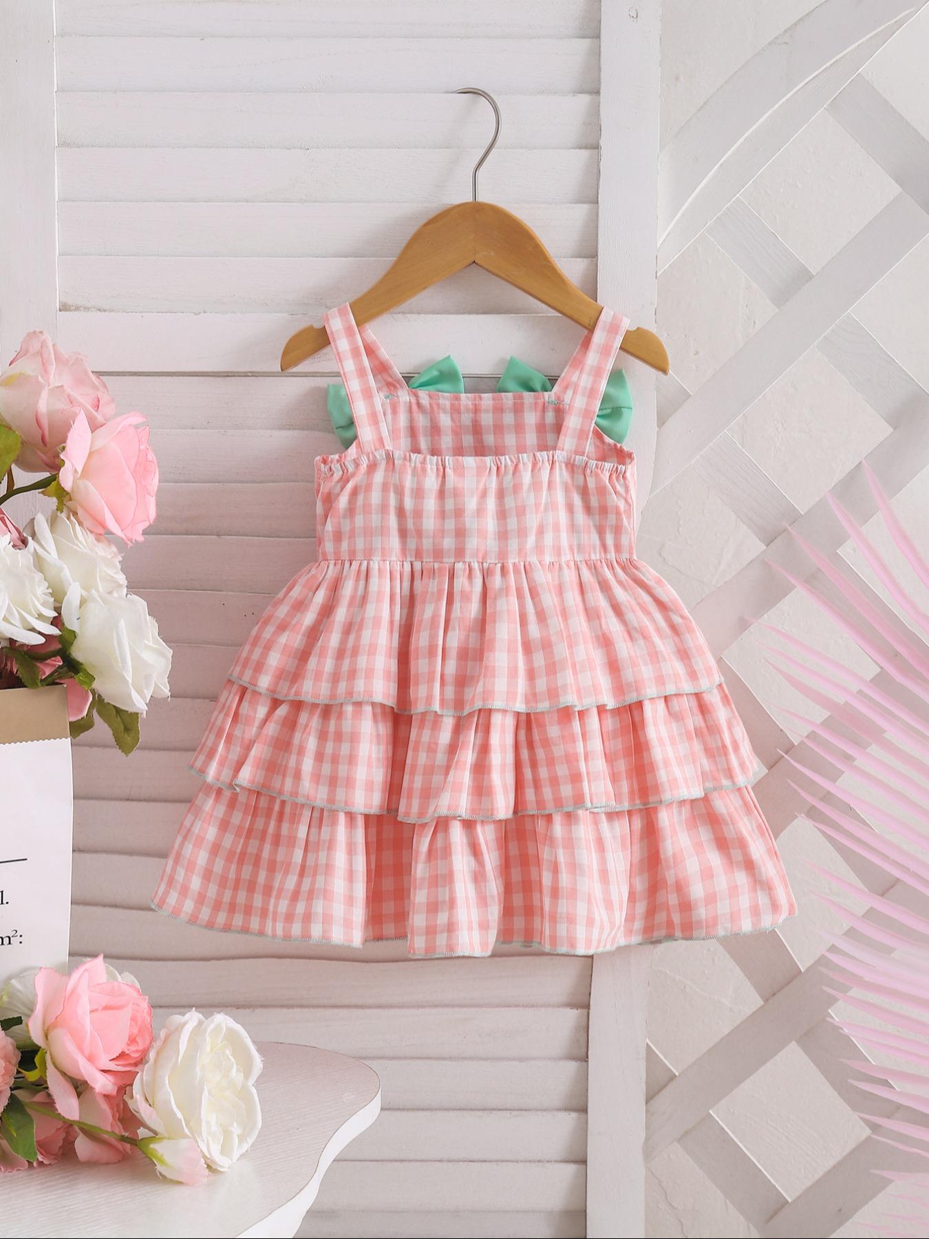 Summer New Cake Dress for Baby Girls, Fashion Forest Style, Elegant Contrast Color Strap Princess Dress, Butterfly Knot Decoration, Baby Girl Clothes
