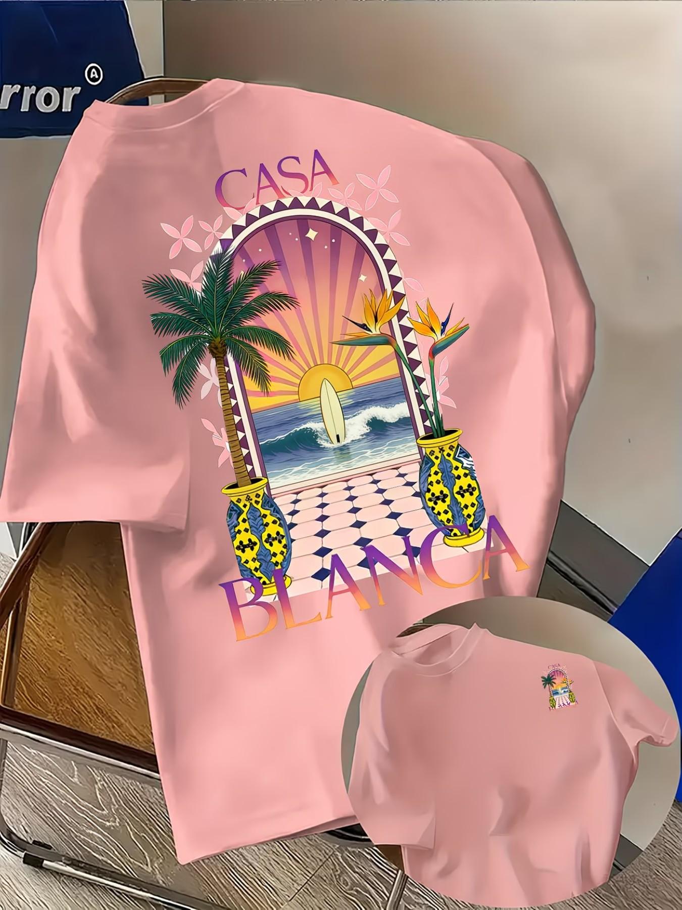 Men's Casual Comfortable Short Sleeve T-Shirt, Casablanca Pattern Front and Back, Loose Fit, Ideal for Daily Wear, Travel, Dating