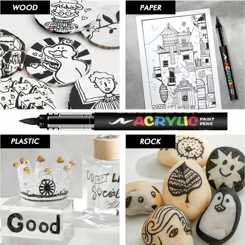 Acrylic Paint Pens Black and White, Automatic Ink Control System,Soft Brush Tip Markers,for Canvas, Rock, Wood, Stone, Glass, Ceramic, Fabric Painting, DIY Crafts, Art Marker Set