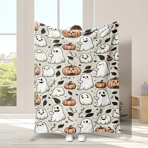Contemporary Digital Printed Halloween Ghost And Pumpkin Theme Flannel Fleece Bed Blanket |   Machine Washable, Tear Resistant, All-Season Comfort, Cozy Craftsmanship, 100% Polyester, Ideal For Home, Sofa, Travel Decor