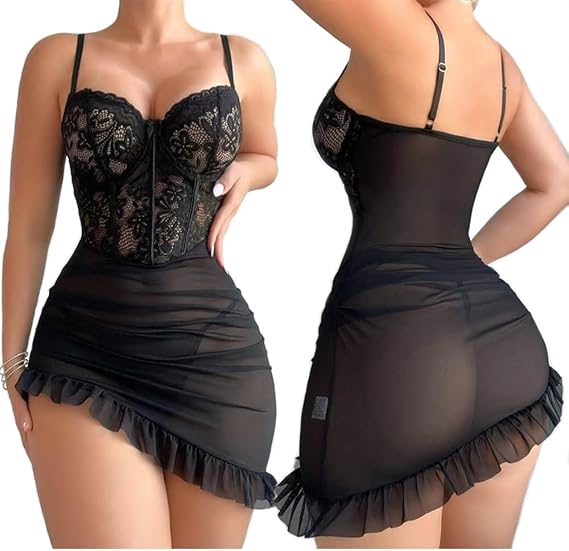 Women's Sexy Mesh Lace Splice Babydoll Dress Set, All Seasons Fitted Lingerie for Homewear, Elegant Sleepwear for Intimate Moments