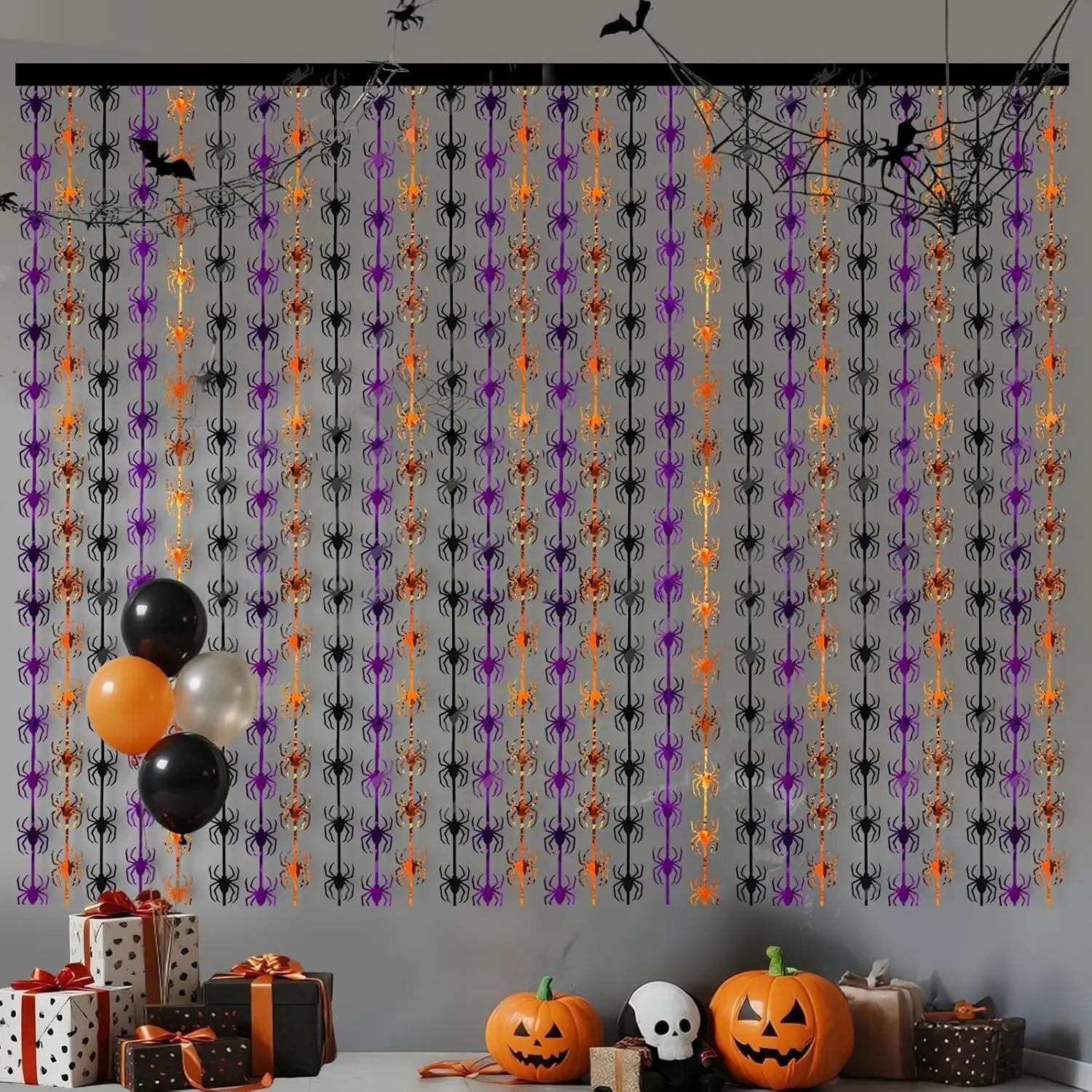 Halloween Spider Foil Fringe Curtain Photo Backdrop 2pcs 3.3x6.6 Ft Orange Purple Black Streamers Party Decorations for Halloween Birthday Spooky Photo Booths Door Wall