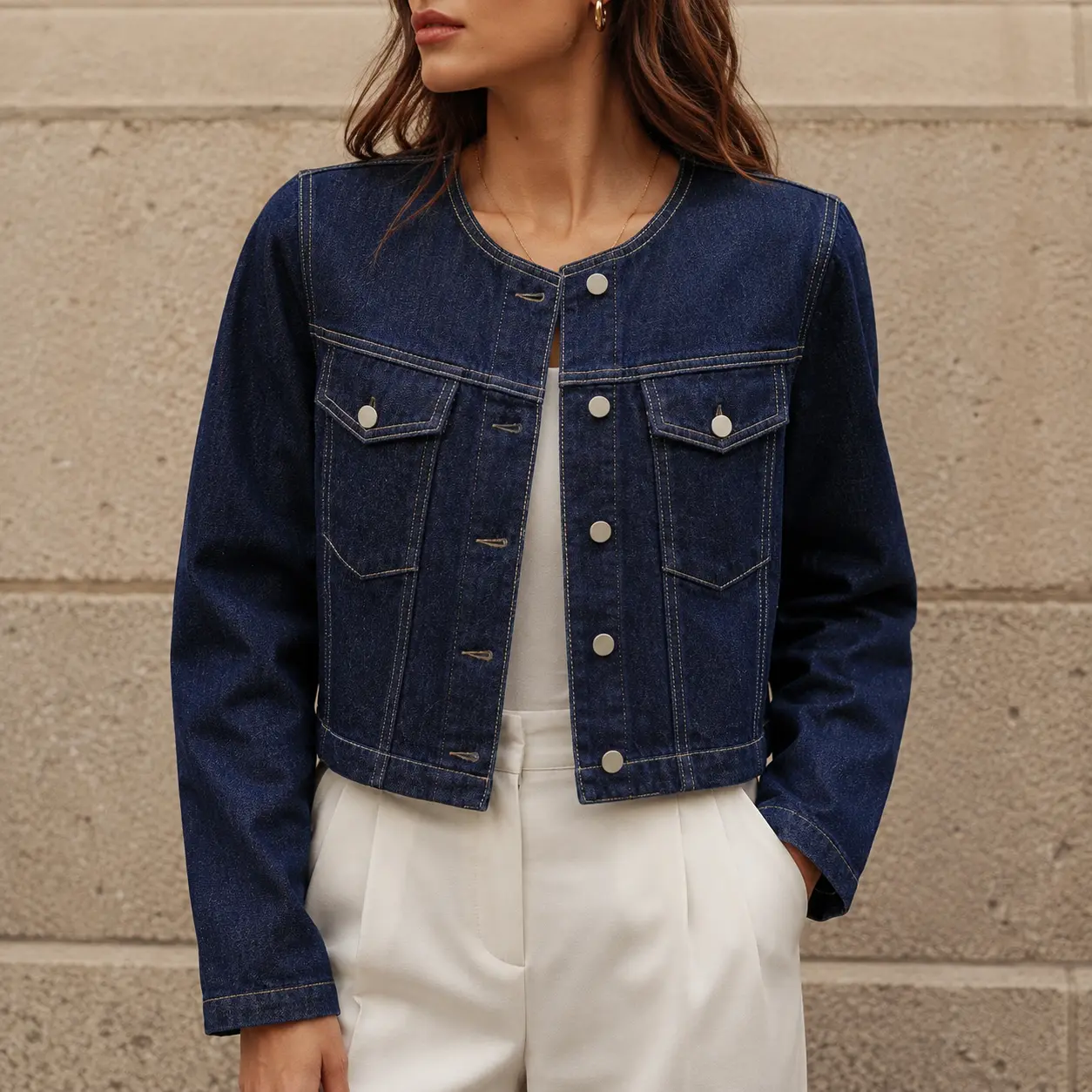 Women's Cropped Denim Jacket Dark Wash Collarless Button Front Jean Jacket with Chest Pockets Long Sleeve Vintage Casual Denim Outerwear Streetwear Trucker Jacket for Women