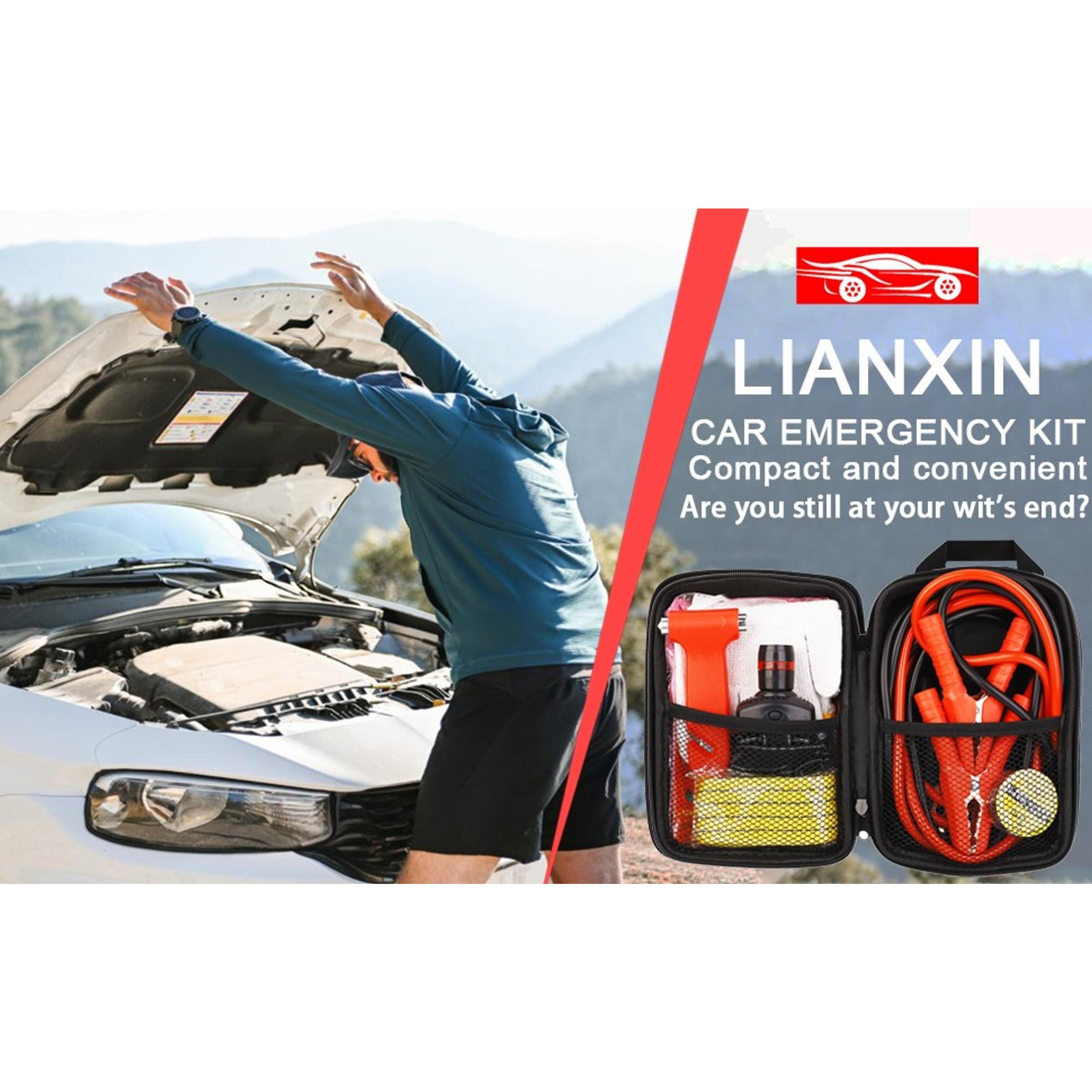 Car Roadside Emergency Kit with Jumper Cables, Tow Straps, Headlamp, Safety Hammer, Gloves - Complete Car Safety Kit, Ideal Gift for New Drivers Car Roadside Emergency Kit with Jumper Cables, Tow Straps, Headlamp, Safety Hammer, Gloves - Complete Car Safety Kit, Ideal Gift for New Drivers